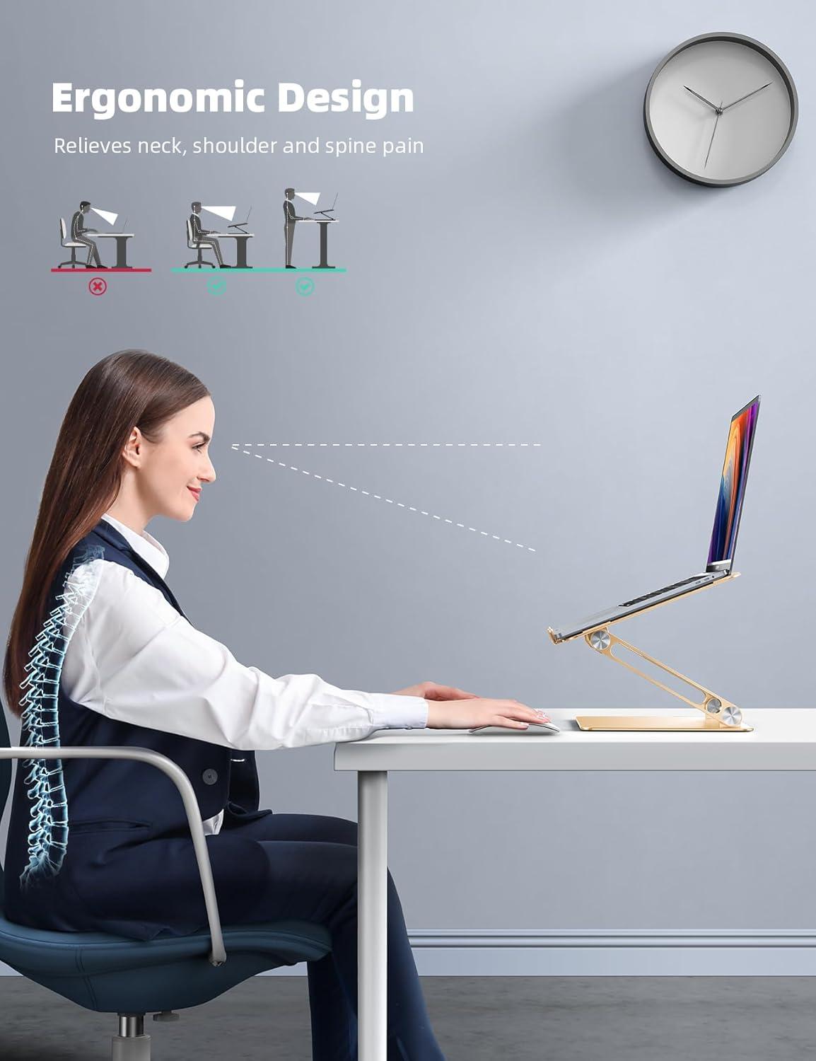 imageLamicall Adjustable Laptop Stand Portable Laptop Riser Aluminum Laptop Stand for Desk Foldable Ergonomic Computer Notebook Stand Holder for MacBook Air Pro Dell XPS HP 10173  Silver5Gold