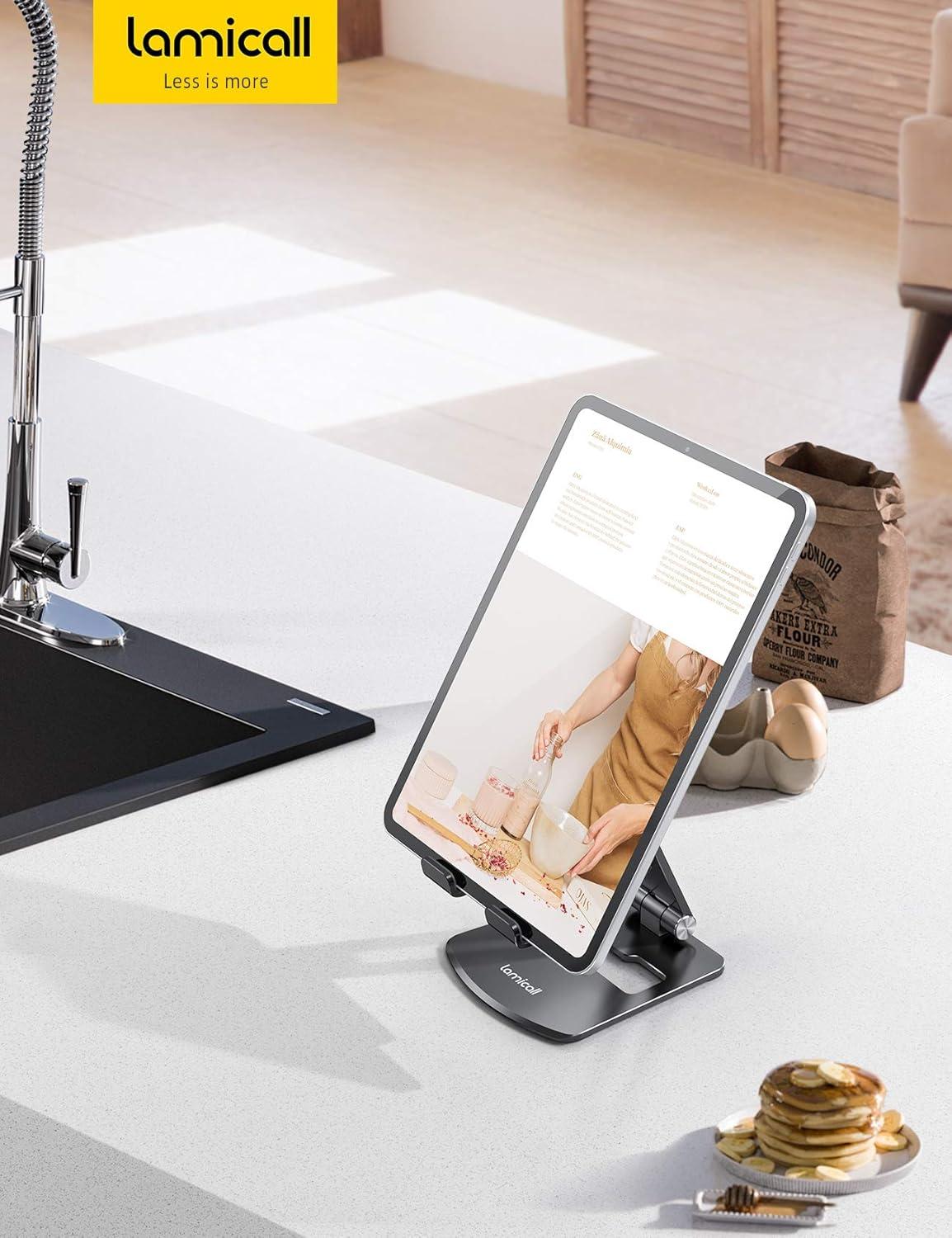 imageLamicall Adjustable Tablet Stand Holder  Foldable Tablet Dock 360 Degree Rotating Desktop Tablet Mount Compatible with iPad Pro 11  129 Mini Air Tabs Kindle and 47quot  13quot Tablet  BlackBlack