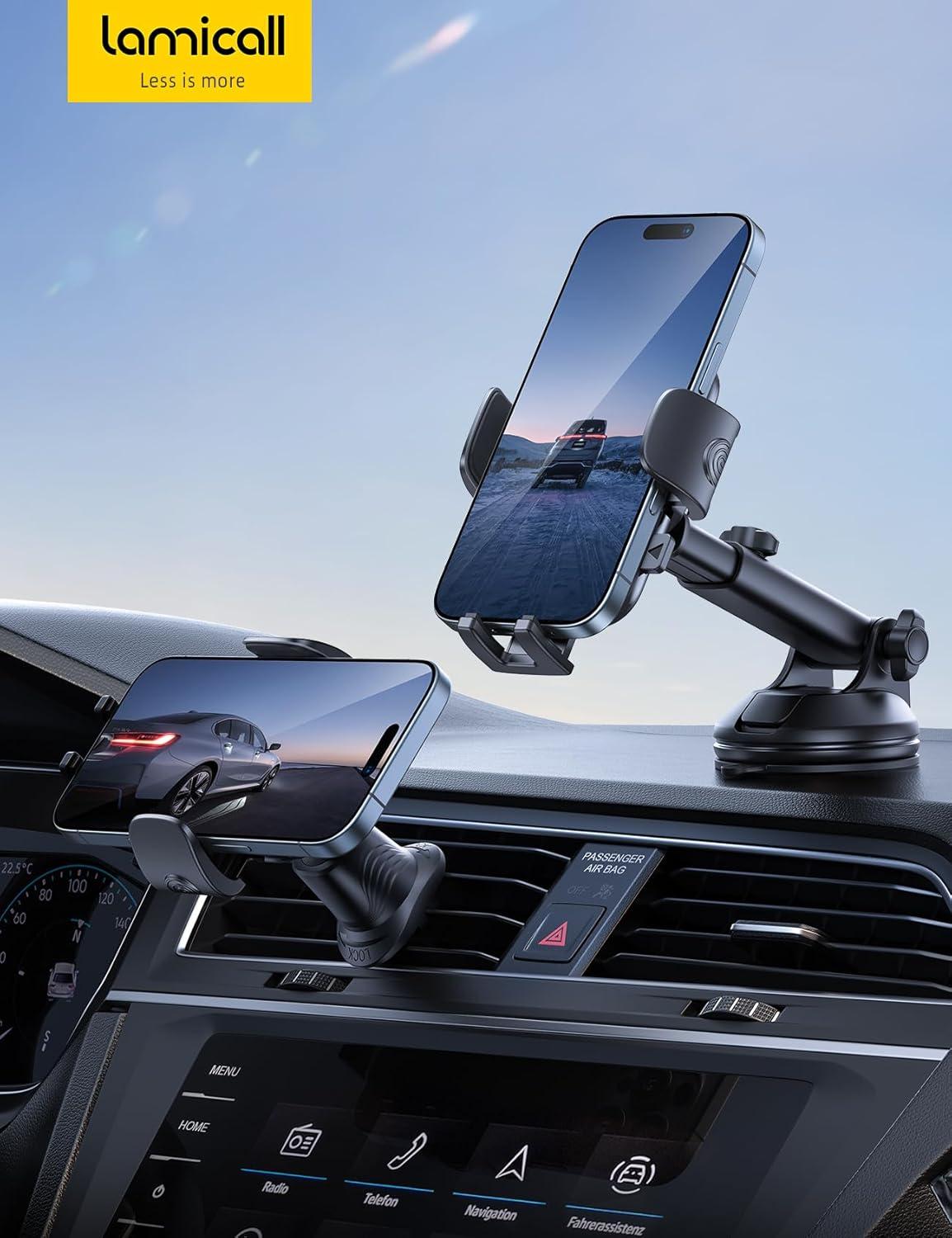 imageLamicall Car Phone Holder Mount 3in1 MilitaryGrade Suction Cup 360 Rotation Phone Holders for Your Car Metal Hook Cell Phone Car Mount Dashboard Vent Windshield for iPhone 16 All SmartphoneNEW Upgraded  LeatherGrain