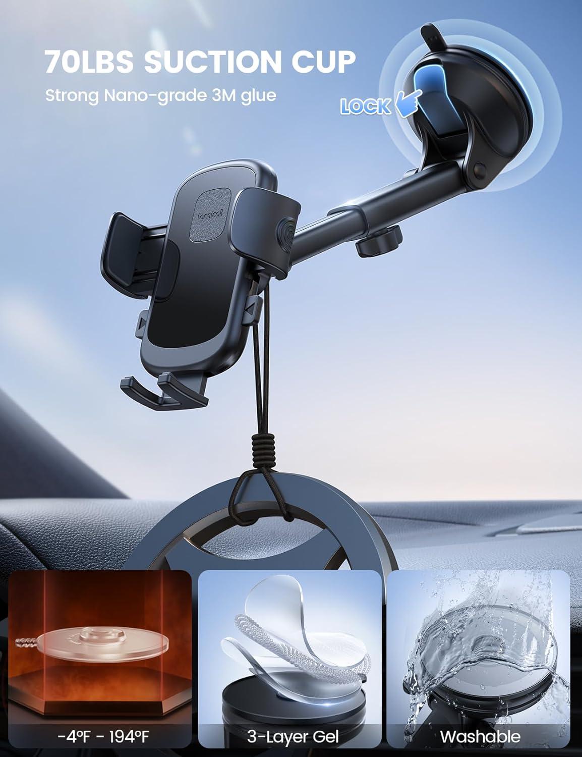 imageLamicall Car Phone Holder Mount 3in1 MilitaryGrade Suction Cup 360 Rotation Phone Holders for Your Car Metal Hook Cell Phone Car Mount Dashboard Vent Windshield for iPhone 16 All SmartphoneNEW Upgraded  LeatherGrain