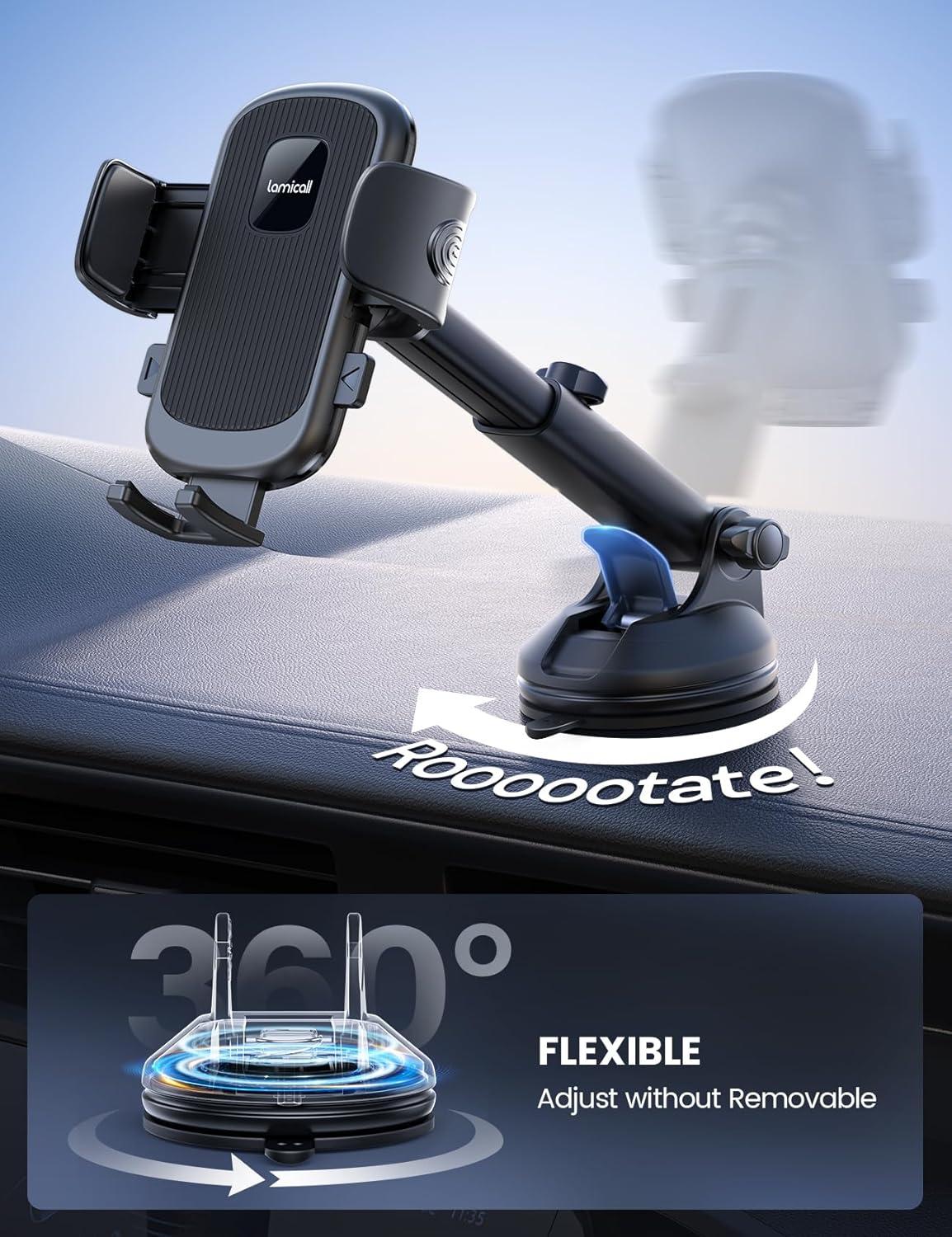 imageLamicall Car Phone Holder Mount 3in1 MilitaryGrade Suction Cup 360 Rotation Phone Holders for Your Car Metal Hook Cell Phone Car Mount Dashboard Vent Windshield for iPhone 16 All SmartphoneBlack