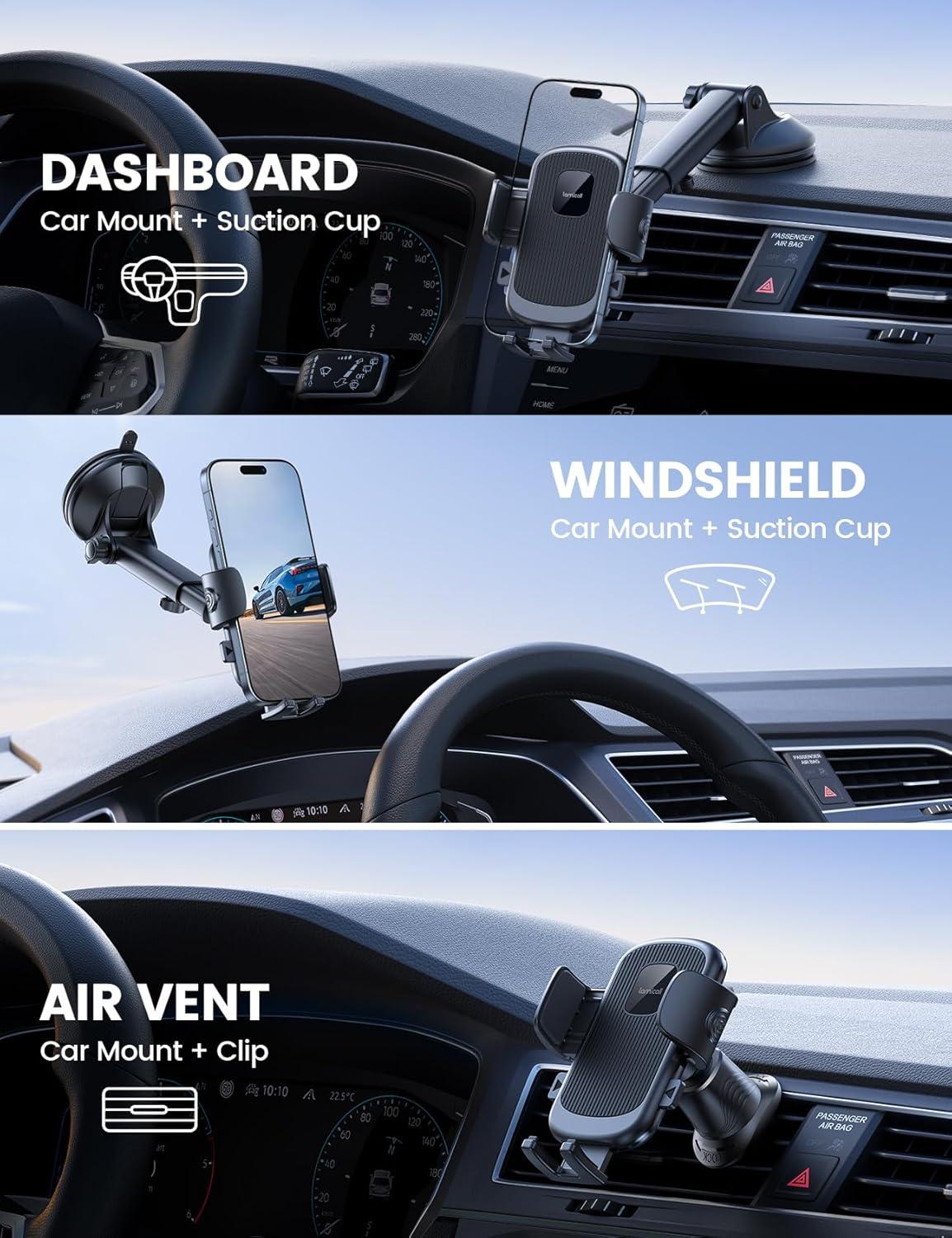 imageLamicall Car Phone Holder Mount 3in1 MilitaryGrade Suction Cup 360 Rotation Phone Holders for Your Car Metal Hook Cell Phone Car Mount Dashboard Vent Windshield for iPhone 16 All SmartphoneBlack