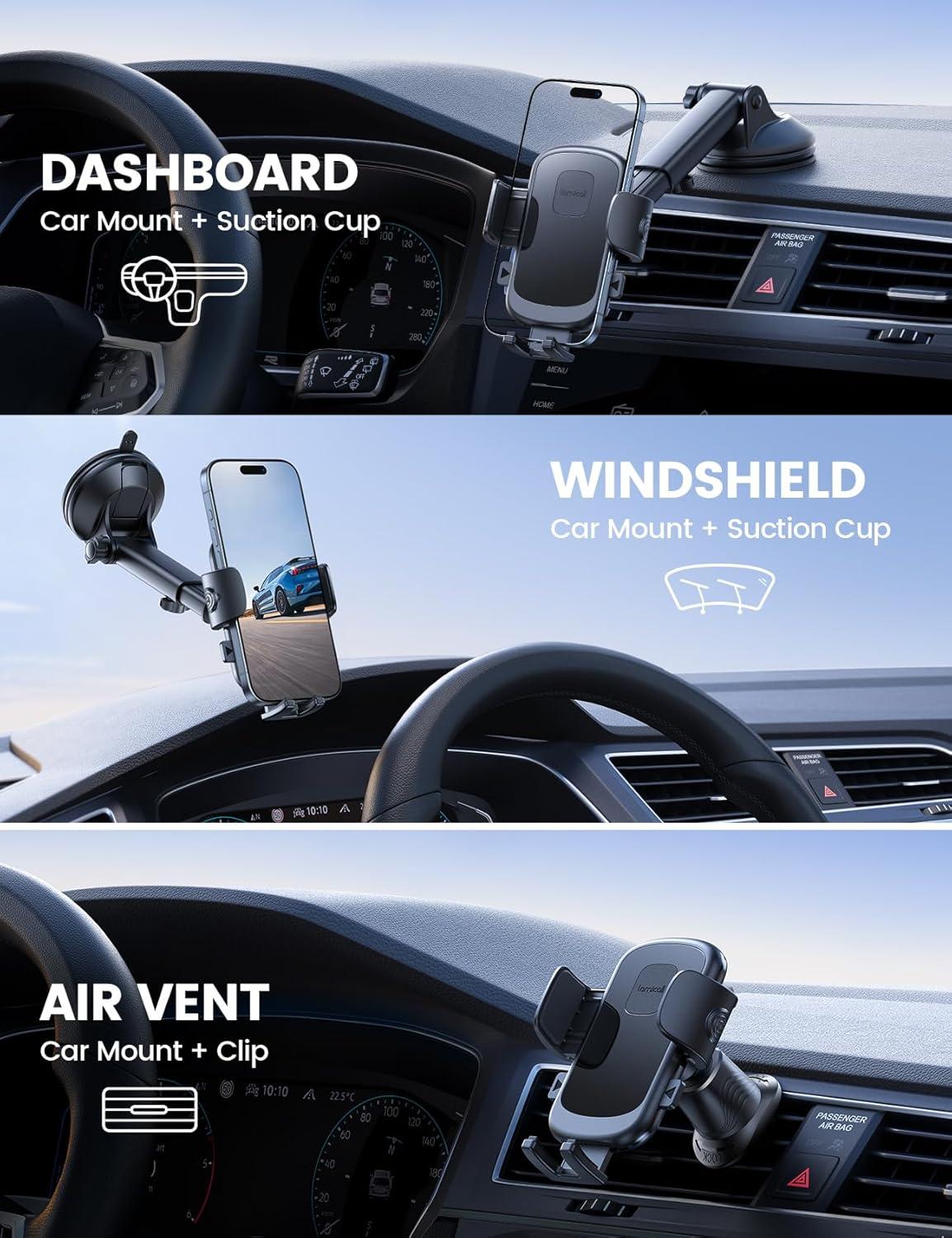 imageLamicall Car Phone Holder Mount 3in1 MilitaryGrade Suction Cup 360 Rotation Phone Holders for Your Car Metal Hook Cell Phone Car Mount Dashboard Vent Windshield for iPhone 16 All SmartphoneNEW Upgraded  LeatherGrain