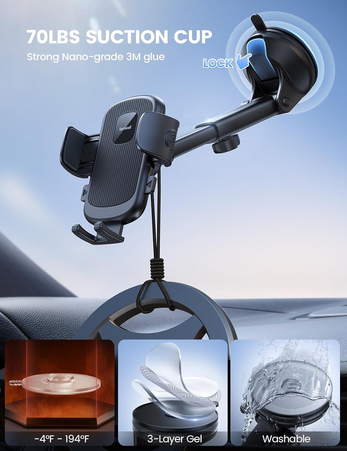 imageLamicall Car Phone Holder Mount 3in1 MilitaryGrade Suction Cup 360 Rotation Phone Holders for Your Car Metal Hook Cell Phone Car Mount Dashboard Vent Windshield for iPhone 16 All SmartphoneBlack