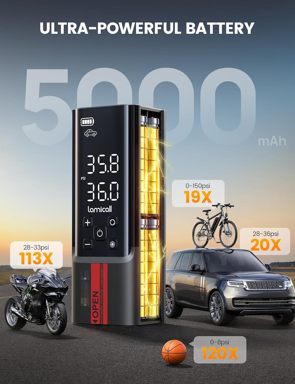 imageLamicall Portable Car Tire Inflator  Air Compressor 150 PSI 4X Faster Cordless Car Air Pump with Rechargeable Battery Digital Display Pressure Gauge LED Light for Cars Motorcycles Bike BallWithout 12 DC
