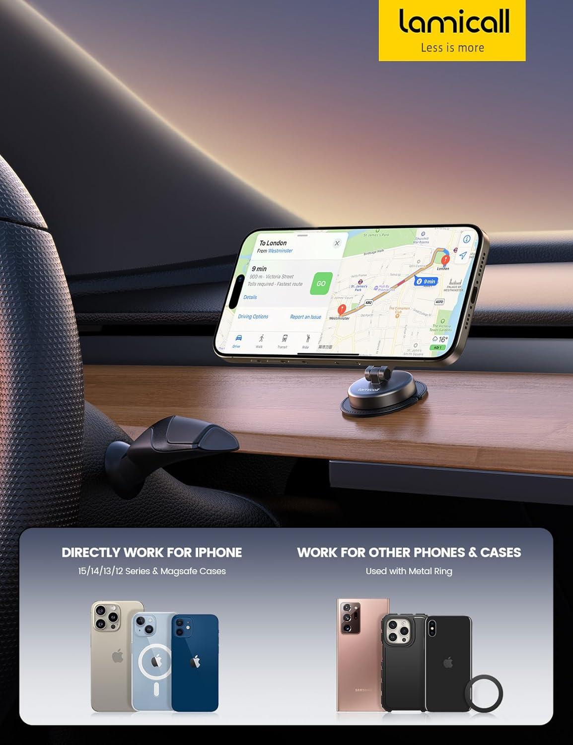 imageLamicall for MagSafe Car Mount AllMetal Magnetic Phone Holder for Your Car Flexible Threeaxis Cell Phone Car Mount Dashboard with N55 Strong Magnets for iPhone 16 15 14 13 12 Pro Max Plus MiniBlack