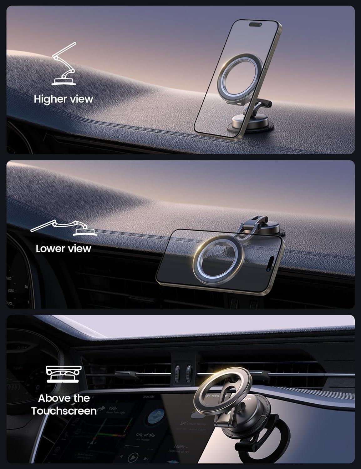 imageLamicall for MagSafe Car Mount AllMetal Magnetic Phone Holder for Your Car Flexible Threeaxis Cell Phone Car Mount Dashboard with N55 Strong Magnets for iPhone 16 15 14 13 12 Pro Max Plus MiniBlack