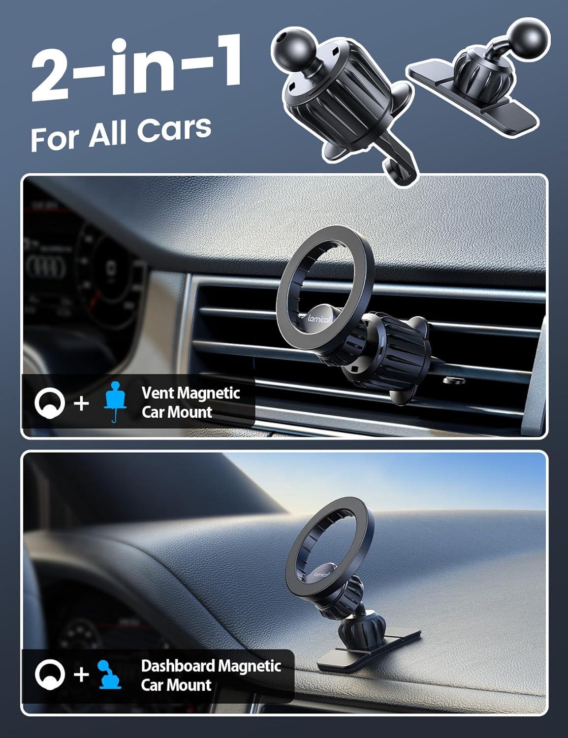 imageLamicall for Magsafe Car Mount  20X N55 Magnets Magnetic Phone Holder for Your Car Dashboard Vent Car Phone Holder for iPhone 16 All Smartphone fits Magsafe Phone caseBlack