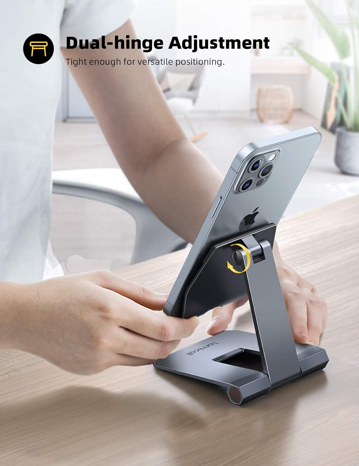 imageLamicall Aluminum Metal Adjustable Cell Phone Stand Desk  Heavy Duty Metal Foldable Desktop Phone Holder Cradle Dock for iPhone 16 15 14 Plus Pro Pro Max 13 12 X XS411 Phone SliverGrey