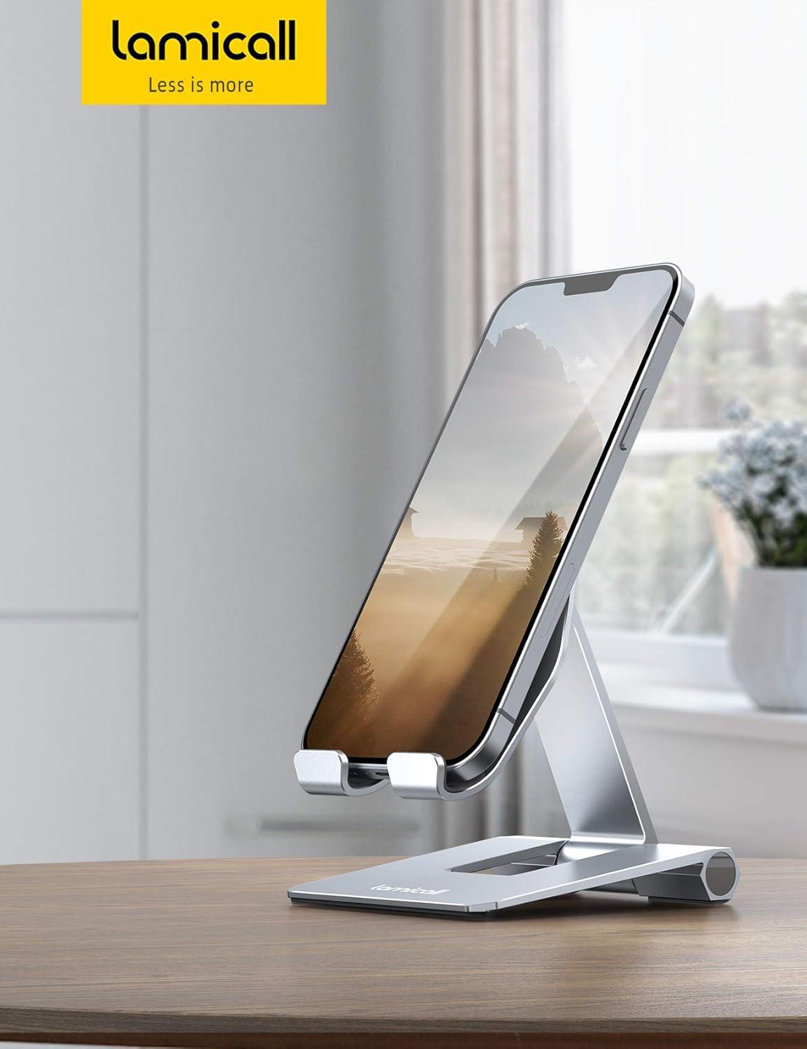 imageLamicall Aluminum Metal Adjustable Cell Phone Stand Desk  Heavy Duty Metal Foldable Desktop Phone Holder Cradle Dock for iPhone 16 15 14 Plus Pro Pro Max 13 12 X XS411 Phone SliverSliver