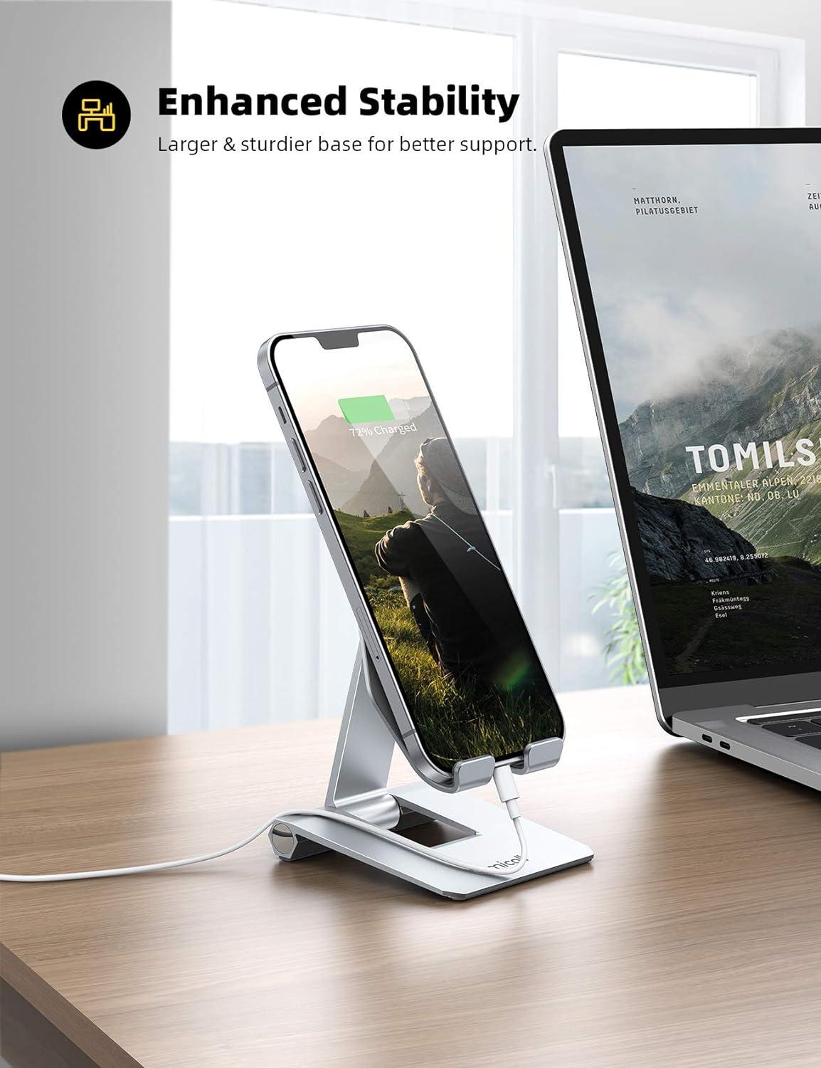 imageLamicall Aluminum Metal Adjustable Cell Phone Stand Desk  Heavy Duty Metal Foldable Desktop Phone Holder Cradle Dock for iPhone 16 15 14 Plus Pro Pro Max 13 12 X XS411 Phone SliverSliver