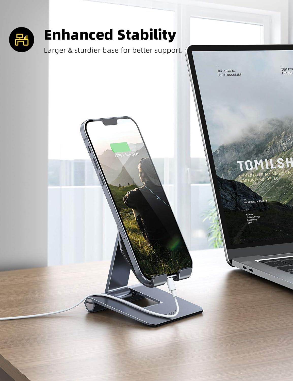 imageLamicall Aluminum Metal Adjustable Cell Phone Stand Desk  Heavy Duty Metal Foldable Desktop Phone Holder Cradle Dock for iPhone 16 15 14 Plus Pro Pro Max 13 12 X XS411 Phone SliverGrey