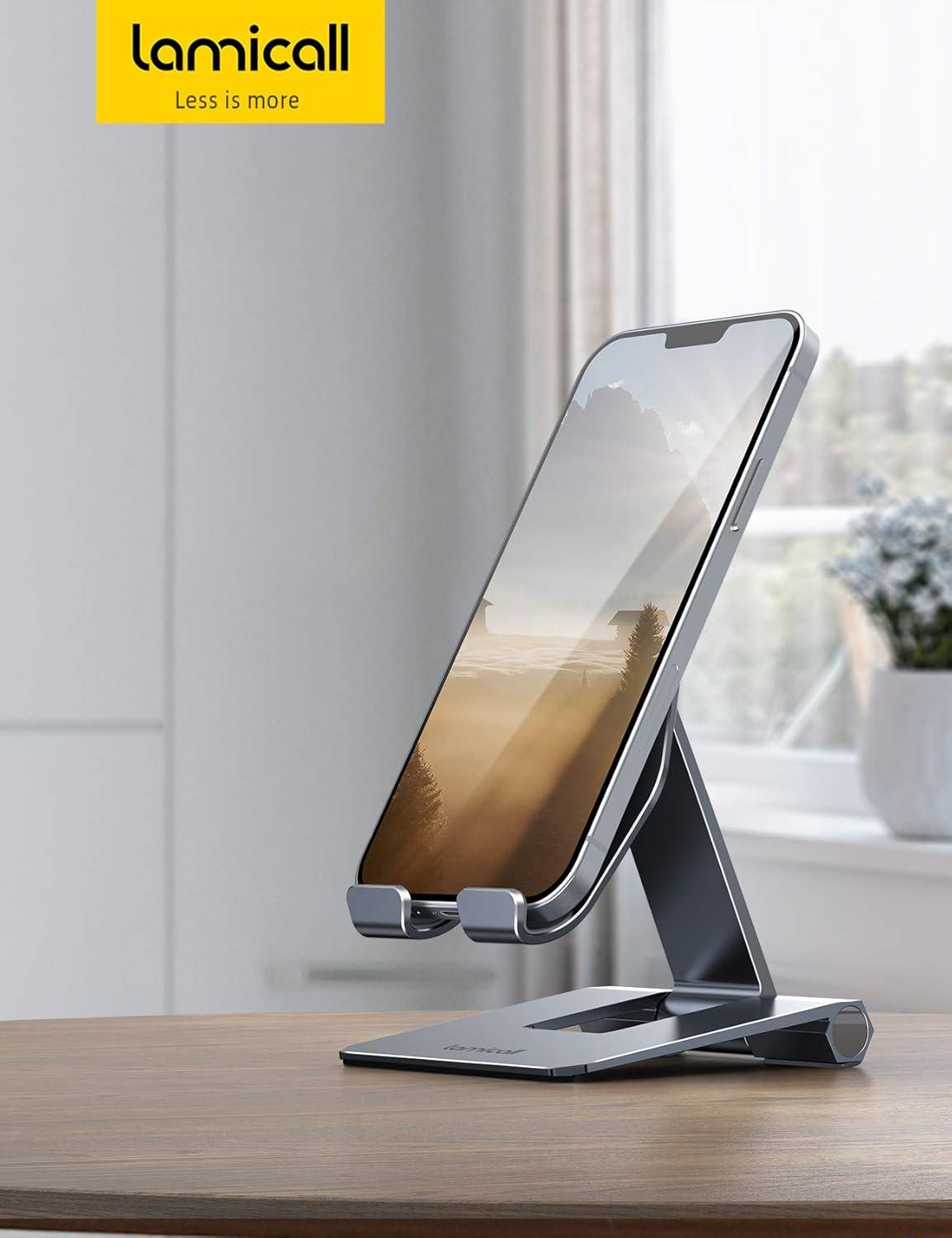 imageLamicall Aluminum Metal Adjustable Cell Phone Stand Desk  Heavy Duty Metal Foldable Desktop Phone Holder Cradle Dock for iPhone 16 15 14 Plus Pro Pro Max 13 12 X XS411 Phone SliverGrey
