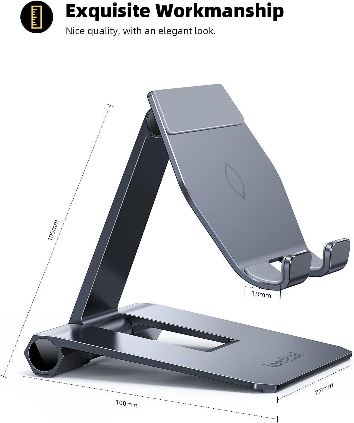 imageLamicall Aluminum Metal Adjustable Cell Phone Stand Desk  Heavy Duty Metal Foldable Desktop Phone Holder Cradle Dock for iPhone 16 15 14 Plus Pro Pro Max 13 12 X XS411 Phone SliverGrey