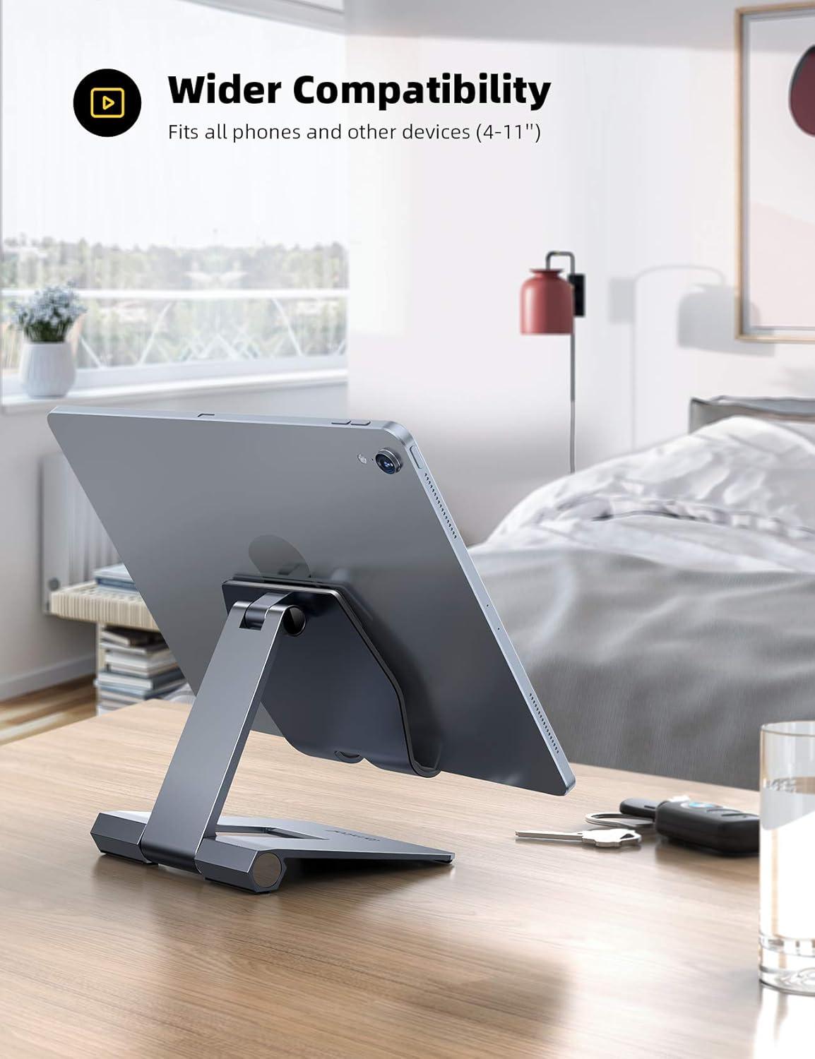 imageLamicall Aluminum Metal Adjustable Cell Phone Stand Desk  Heavy Duty Metal Foldable Desktop Phone Holder Cradle Dock for iPhone 16 15 14 Plus Pro Pro Max 13 12 X XS411 Phone SliverGrey