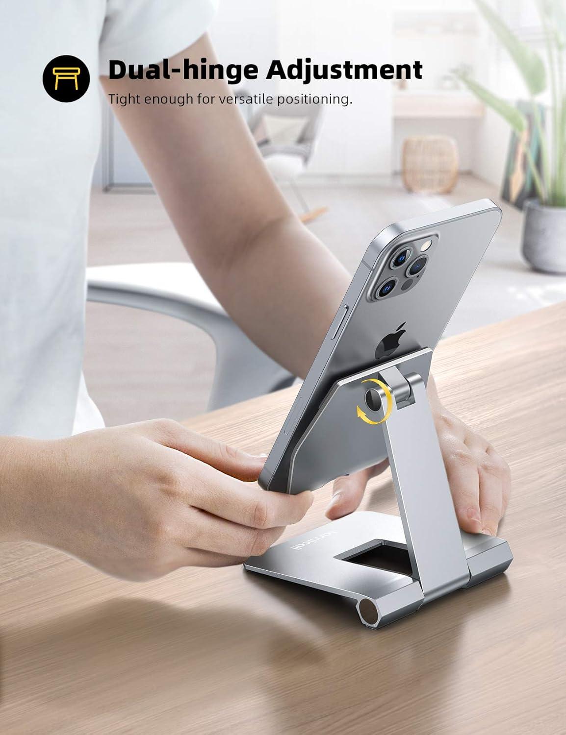 imageLamicall Aluminum Metal Adjustable Cell Phone Stand Desk  Heavy Duty Metal Foldable Desktop Phone Holder Cradle Dock for iPhone 16 15 14 Plus Pro Pro Max 13 12 X XS411 Phone SliverSliver