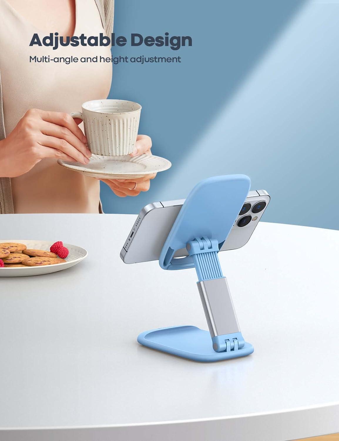 imageLamicall Cell Phone Stand for Desk  Height Adjustable Foldable Mobile Phone Holder Portable Stand for iPhone 16 15 14 13 12 11 Pro Max Plus Galaxy S25 S24 All Cellphones Office AccessoriesBlue