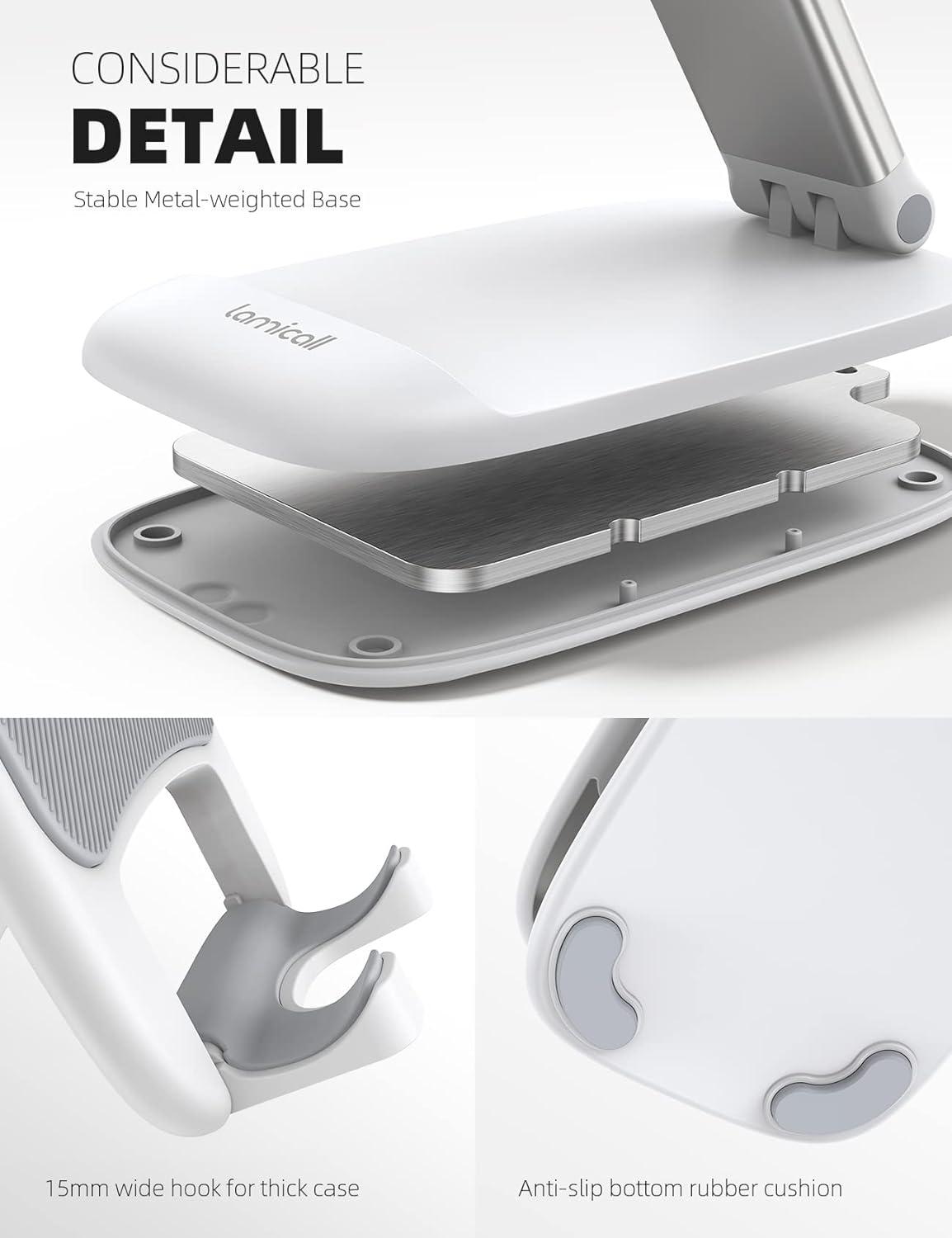 imageLamicall Cell Phone Stand for Desk  Height Adjustable Foldable Mobile Phone Holder Portable Stand for iPhone 16 15 14 13 12 11 Pro Max Plus Galaxy S25 S24 All Cellphones Office Accessories1White