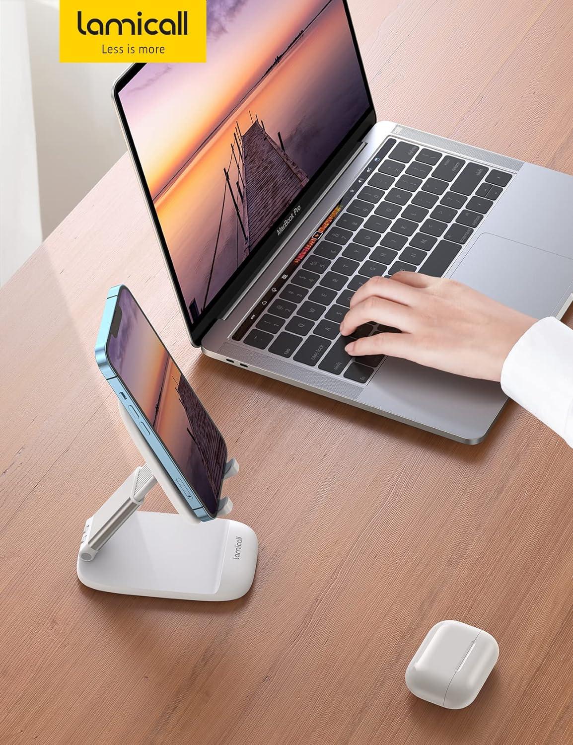 imageLamicall Cell Phone Stand for Desk  Height Adjustable Foldable Mobile Phone Holder Portable Stand for iPhone 16 15 14 13 12 11 Pro Max Plus Galaxy S25 S24 All Cellphones Office Accessories1White