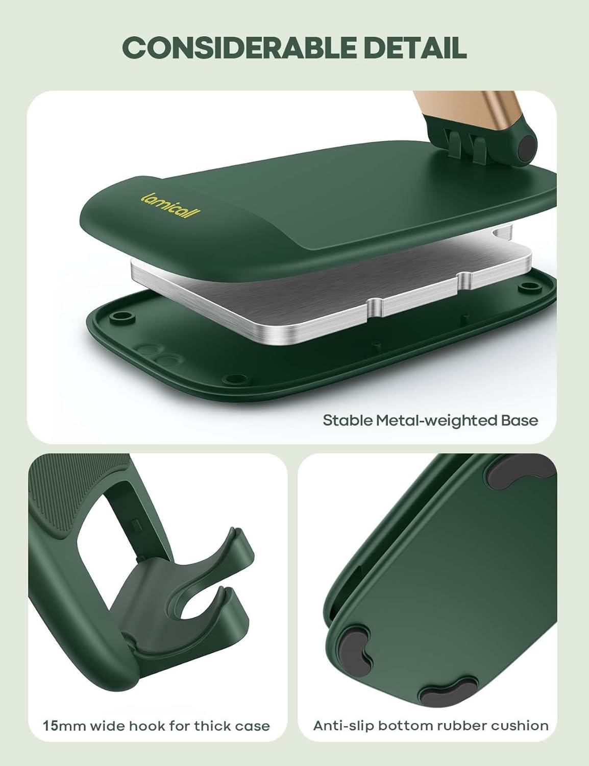 imageLamicall Cell Phone Stand for Desk  Height Adjustable Foldable Mobile Phone Holder Portable Stand for iPhone 16 15 14 13 12 11 Pro Max Plus Galaxy S25 S24 All Cellphones Office AccessoriesDark Green