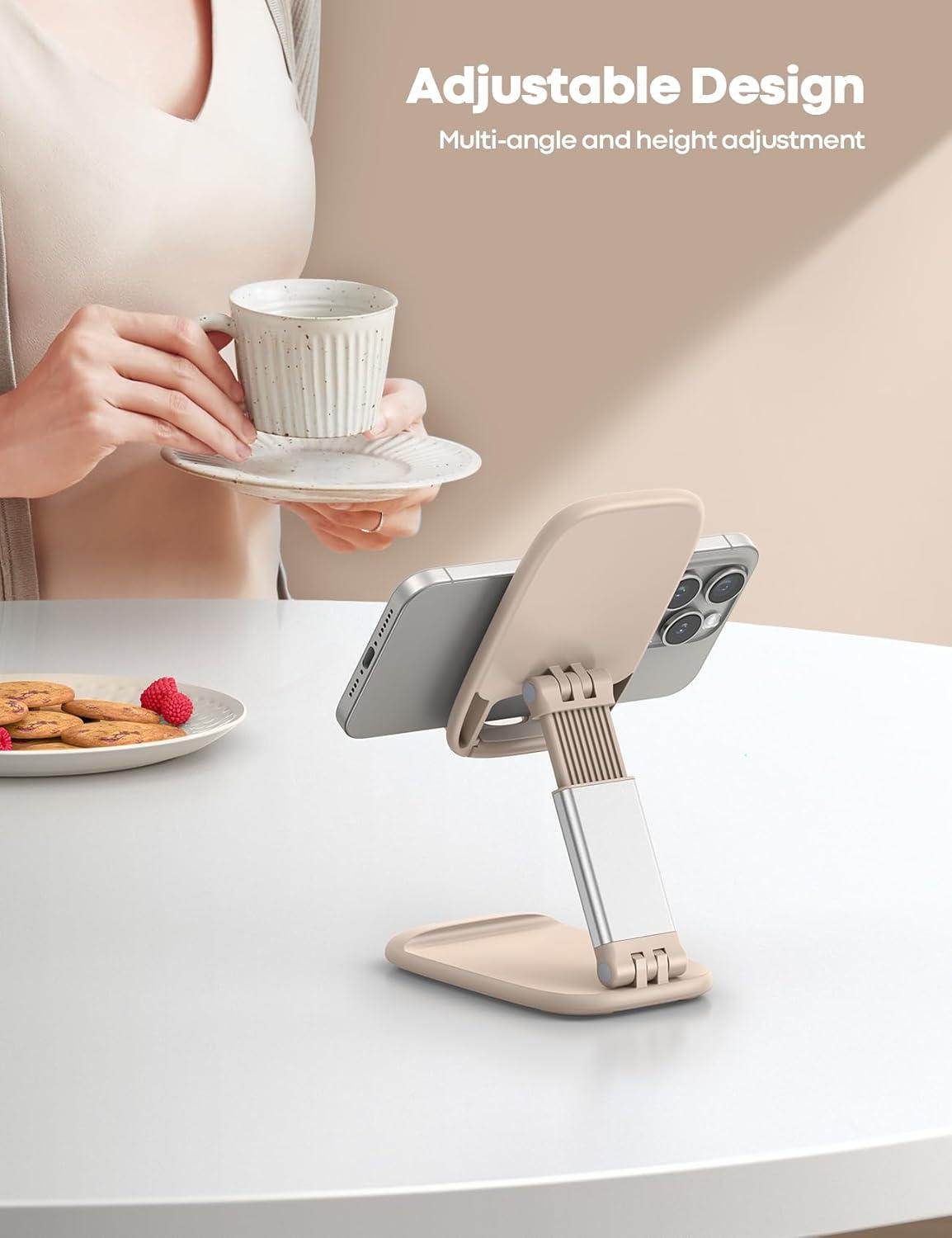 imageLamicall Cell Phone Stand for Desk  Height Adjustable Foldable Mobile Phone Holder Portable Stand for iPhone 16 15 14 13 12 11 Pro Max Plus Galaxy S25 S24 All Cellphones Office AccessoriesKhaki