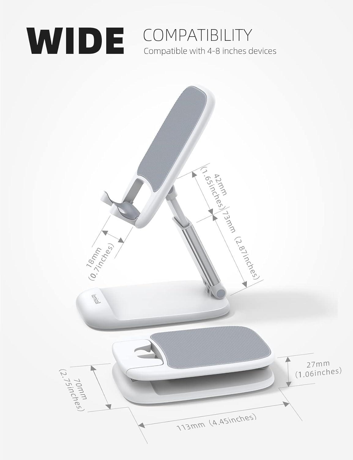 imageLamicall Cell Phone Stand for Desk  Height Adjustable Foldable Mobile Phone Holder Portable Stand for iPhone 16 15 14 13 12 11 Pro Max Plus Galaxy S25 S24 All Cellphones Office Accessories1White