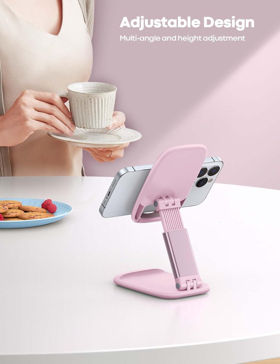 imageLamicall Cell Phone Stand for Desk  Height Adjustable Foldable Mobile Phone Holder Portable Stand for iPhone 16 15 14 13 12 11 Pro Max Plus Galaxy S25 S24 All Cellphones Office AccessoriesPink