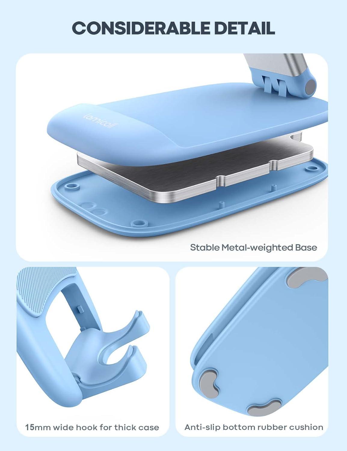 imageLamicall Cell Phone Stand for Desk  Height Adjustable Foldable Mobile Phone Holder Portable Stand for iPhone 16 15 14 13 12 11 Pro Max Plus Galaxy S25 S24 All Cellphones Office AccessoriesBlue