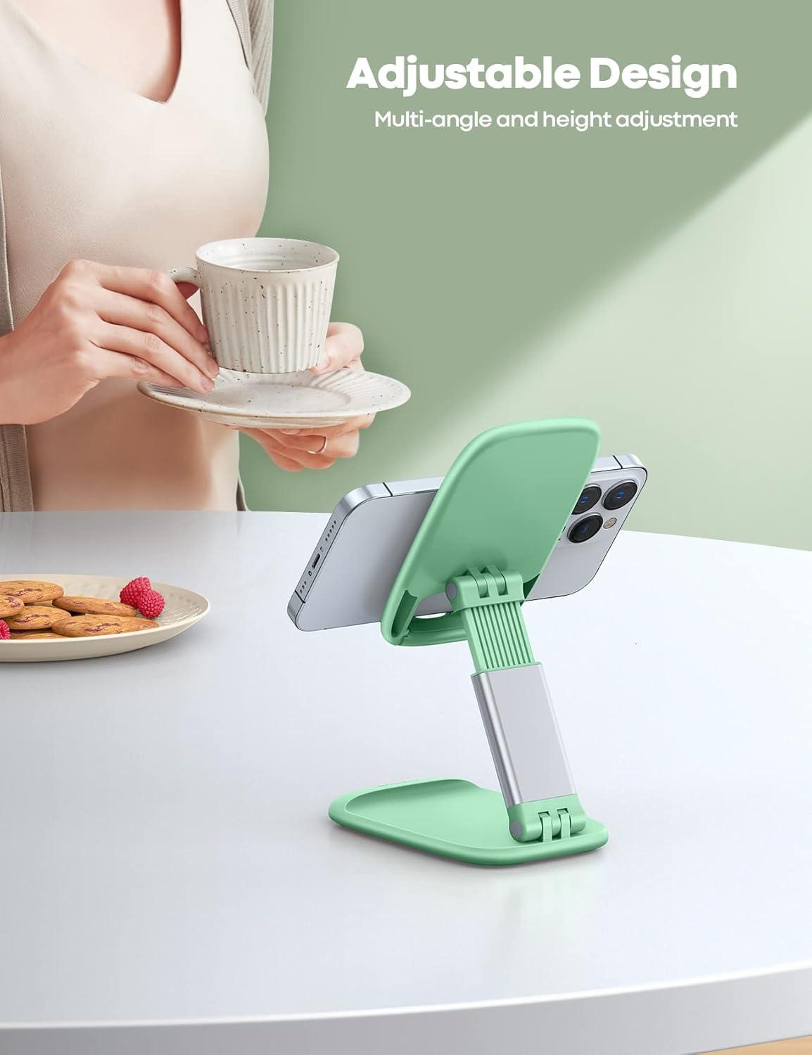 imageLamicall Cell Phone Stand for Desk  Height Adjustable Foldable Mobile Phone Holder Portable Stand for iPhone 16 15 14 13 12 11 Pro Max Plus Galaxy S25 S24 All Cellphones Office AccessoriesLight Green
