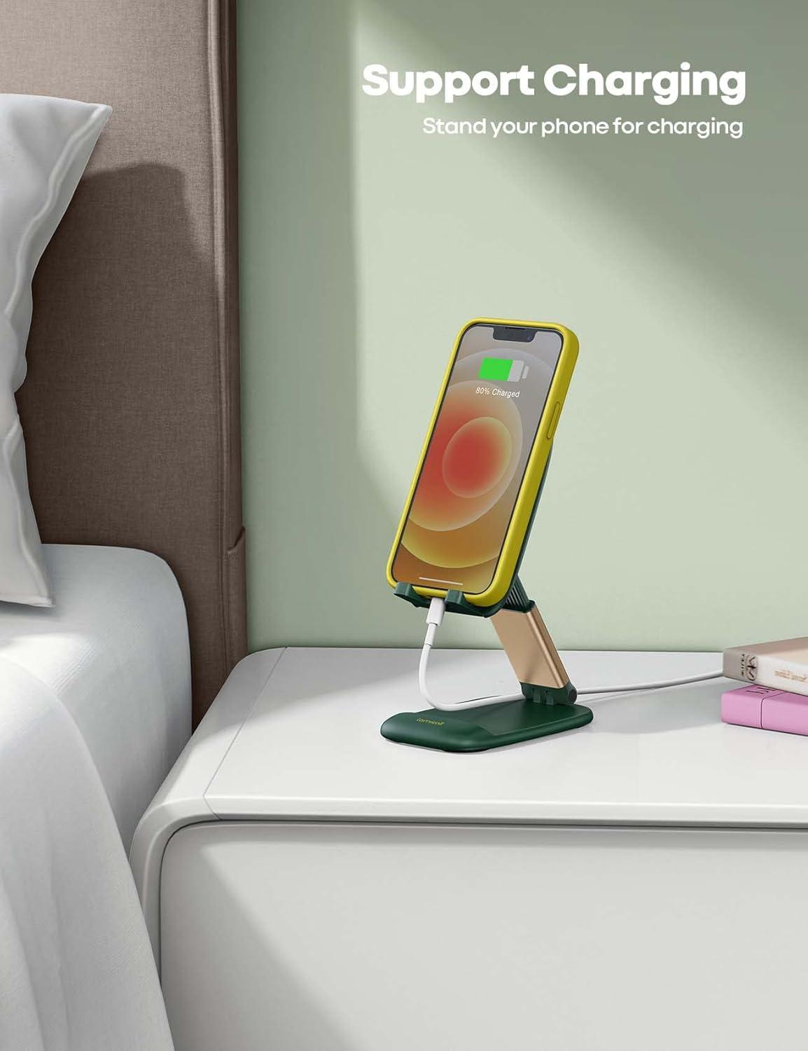 imageLamicall Cell Phone Stand for Desk  Height Adjustable Foldable Mobile Phone Holder Portable Stand for iPhone 16 15 14 13 12 11 Pro Max Plus Galaxy S25 S24 All Cellphones Office AccessoriesDark Green