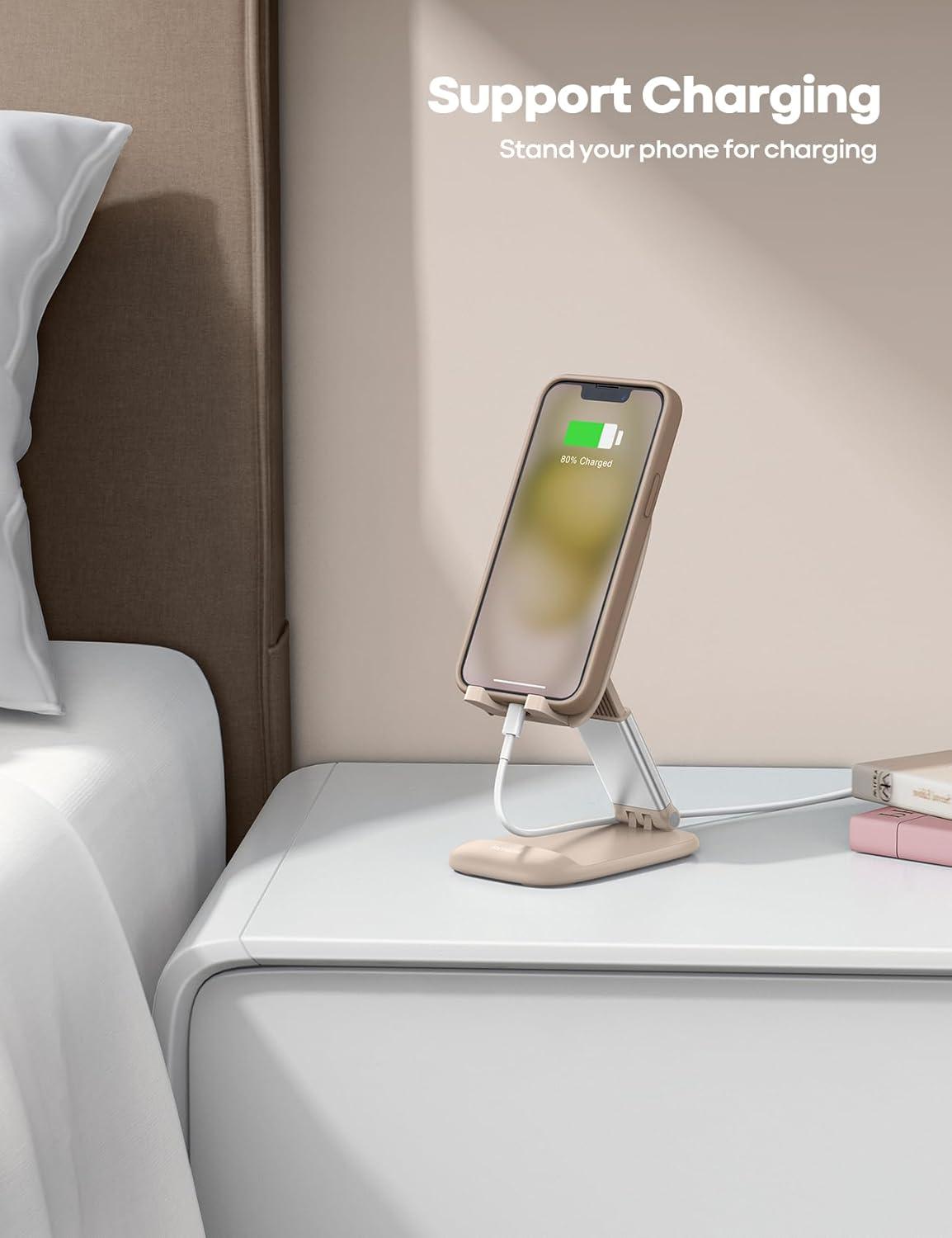 imageLamicall Cell Phone Stand for Desk  Height Adjustable Foldable Mobile Phone Holder Portable Stand for iPhone 16 15 14 13 12 11 Pro Max Plus Galaxy S25 S24 All Cellphones Office AccessoriesKhaki