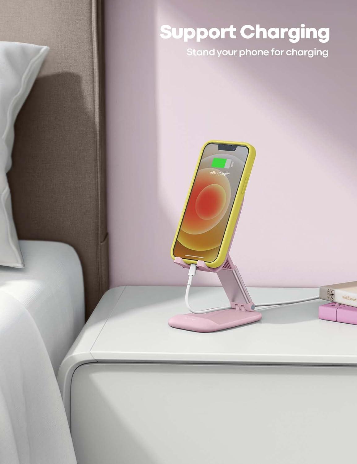 imageLamicall Cell Phone Stand for Desk  Height Adjustable Foldable Mobile Phone Holder Portable Stand for iPhone 16 15 14 13 12 11 Pro Max Plus Galaxy S25 S24 All Cellphones Office AccessoriesPink
