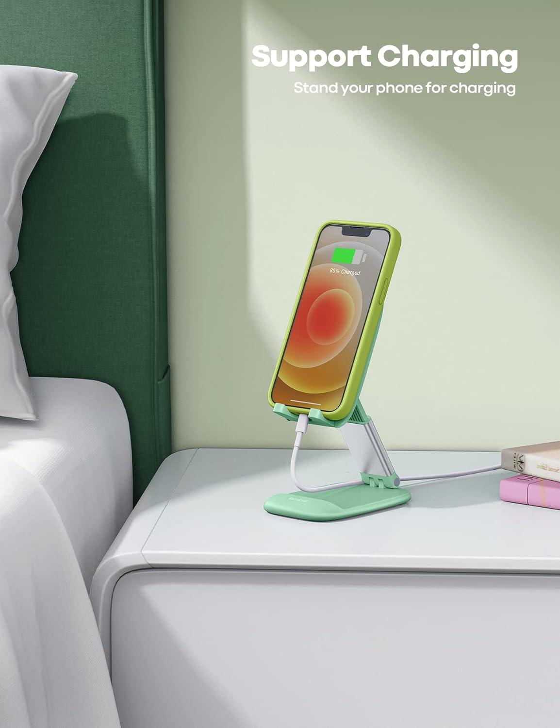 imageLamicall Cell Phone Stand for Desk  Height Adjustable Foldable Mobile Phone Holder Portable Stand for iPhone 16 15 14 13 12 11 Pro Max Plus Galaxy S25 S24 All Cellphones Office AccessoriesLight Green