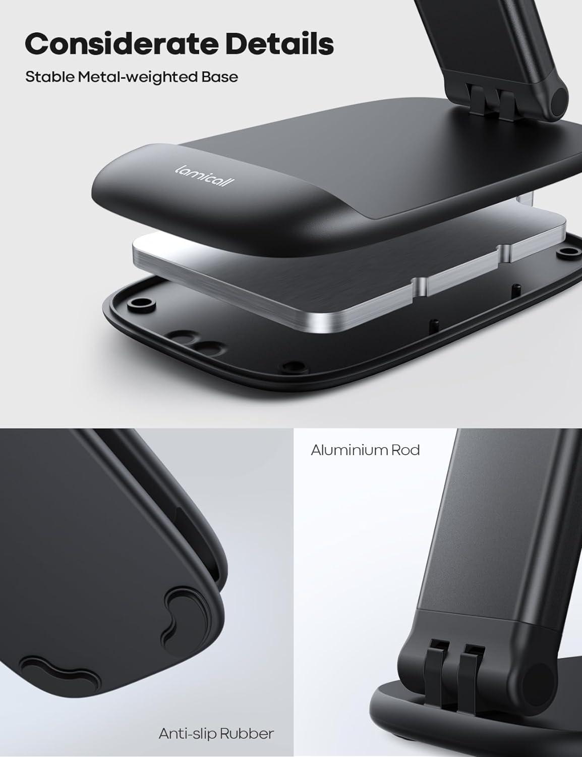 imageLamicall Cell Phone Stand for Desk  Height Adjustable Foldable Mobile Phone Holder Portable Stand for iPhone 16 15 14 13 12 11 Pro Max Plus Galaxy S25 S24 All Cellphones Office Accessories1Black