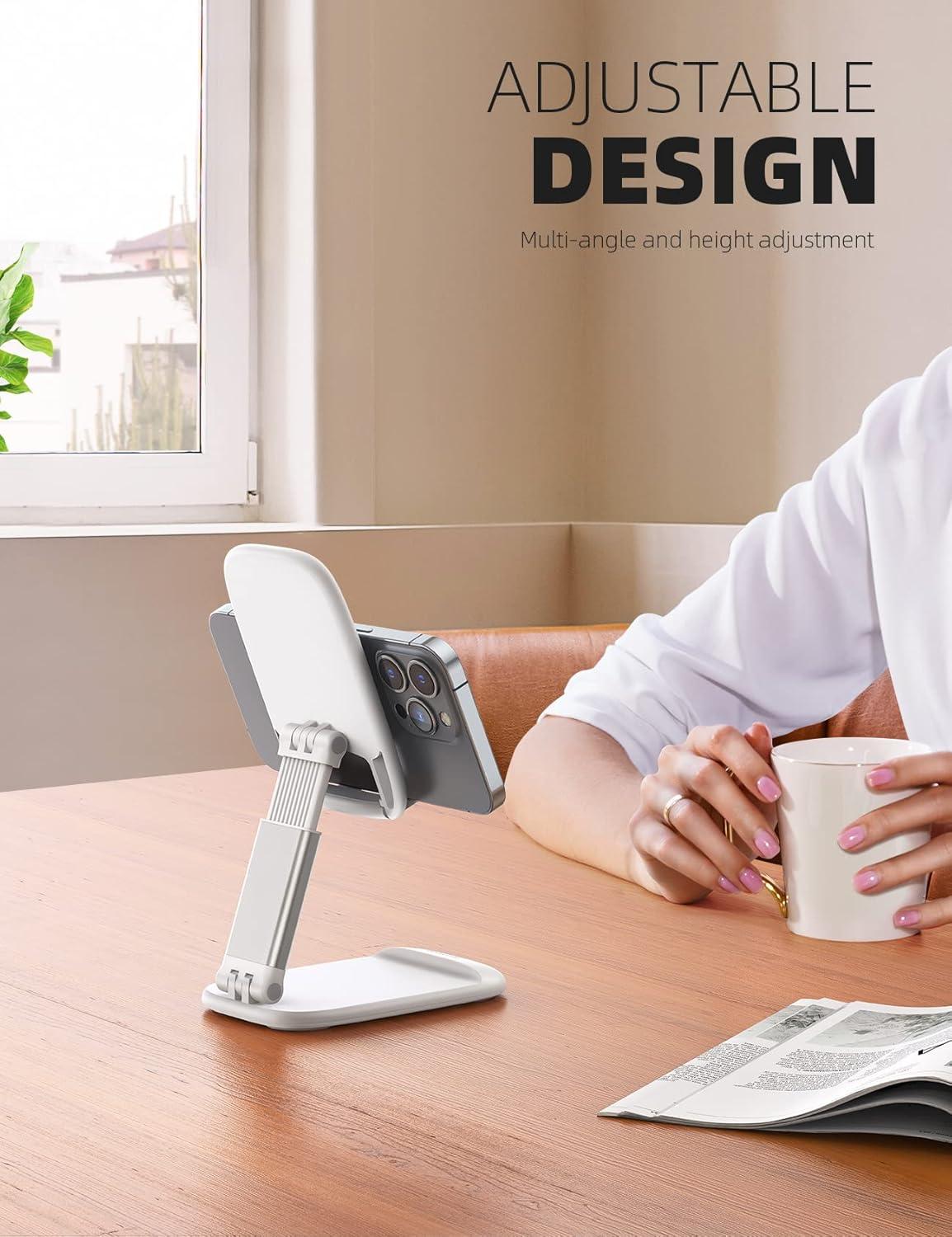 imageLamicall Cell Phone Stand for Desk  Height Adjustable Foldable Mobile Phone Holder Portable Stand for iPhone 16 15 14 13 12 11 Pro Max Plus Galaxy S25 S24 All Cellphones Office Accessories1White