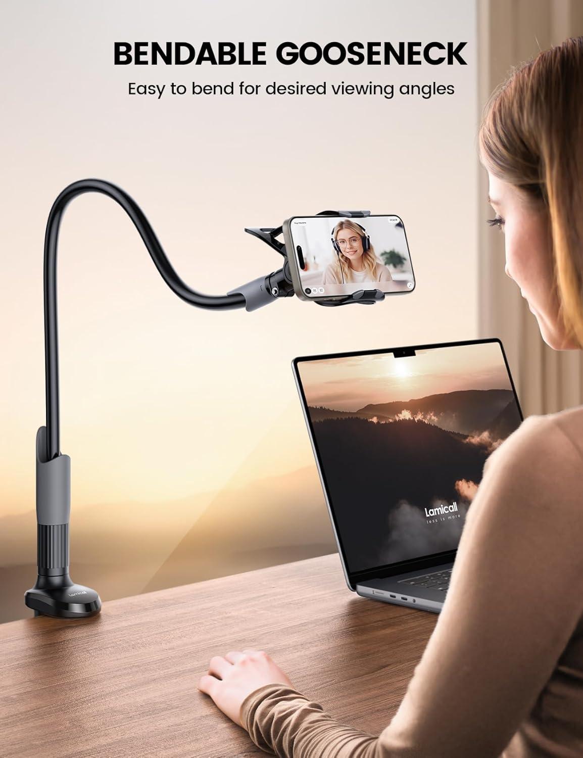 imageLamicall Gooseneck Phone Holder for Bed  Cell Phone Mount Clamp Clip Flexible Long Arm Overhead Mount for Desk Headboard Bedside for iPhone 16 Pro Max 15 Pro Max 14 Plus 13 Mini ampamp 47quot PhoneBlack