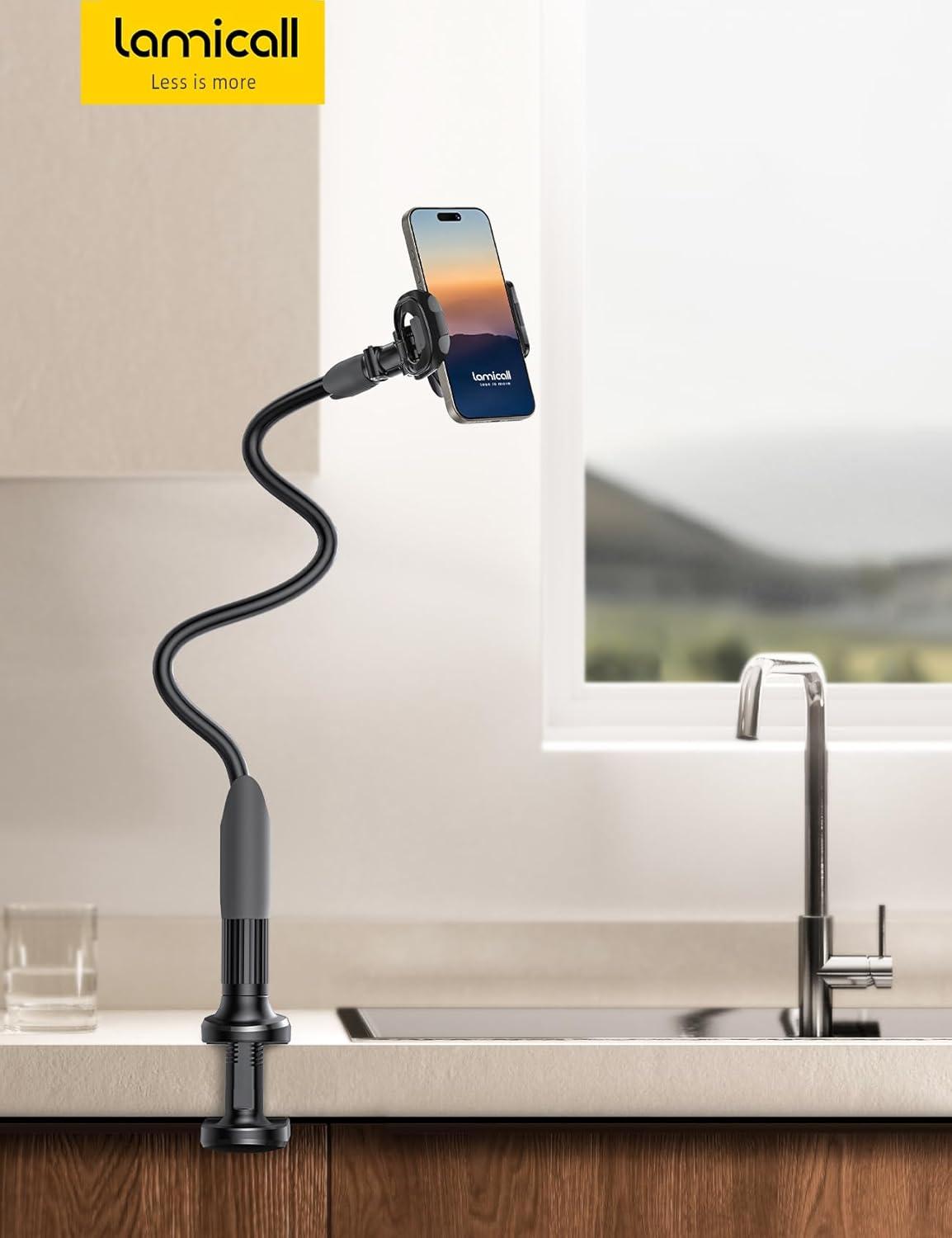 imageLamicall Gooseneck Phone Holder for Bed  Cell Phone Mount Clamp Clip Flexible Long Arm Overhead Mount for Desk Headboard Bedside for iPhone 16 Pro Max 15 Pro Max 14 Plus 13 Mini ampamp 47quot PhoneBlack
