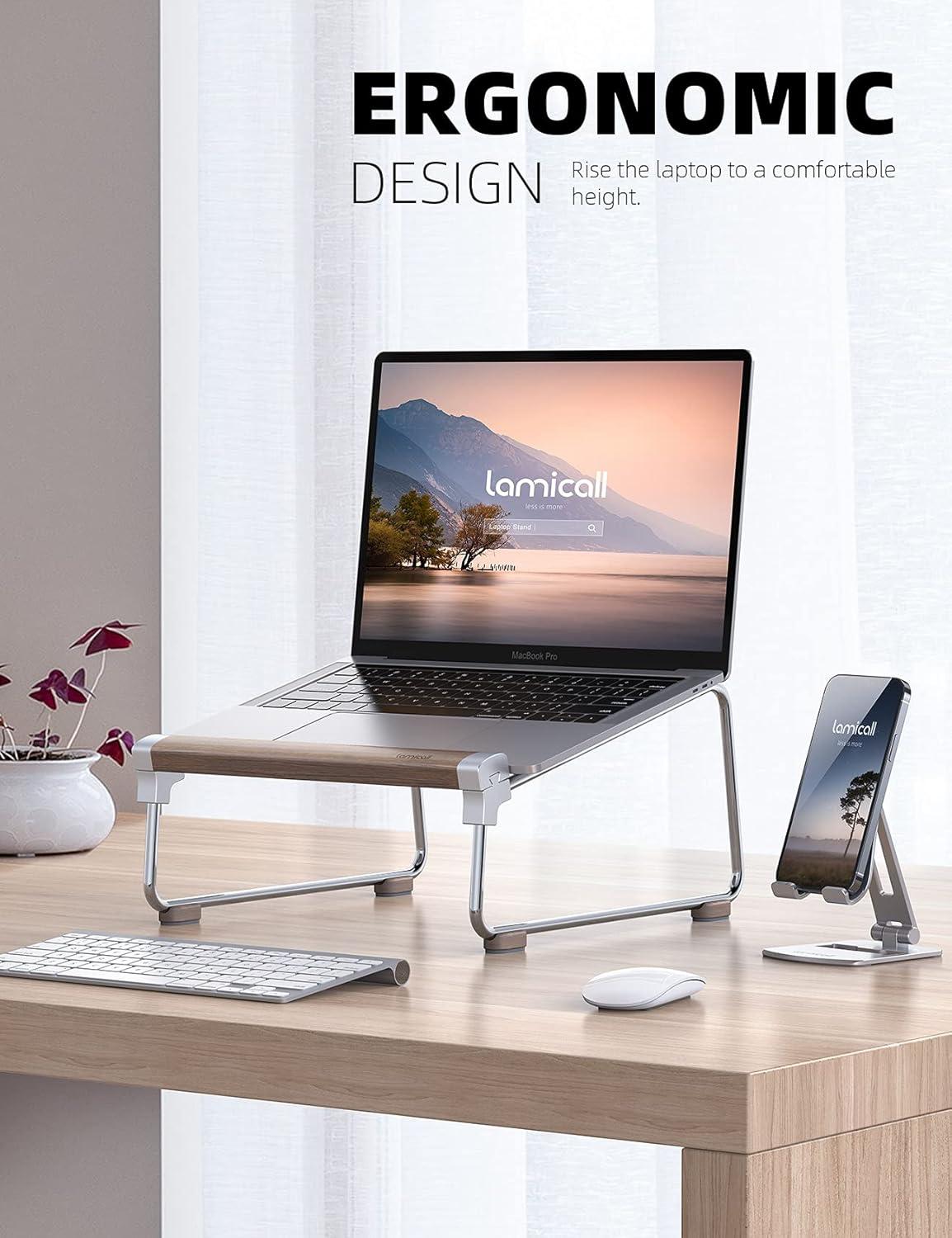 imageLamicall Laptop Stand Desk Walnut Wood Laptop Riser Portable Removable Aluminum Ventilated Ergonomic Computer Notebook Stand Holder Elevator for MacBook Air Pro Dell XPS HP 1016  SilverSliver