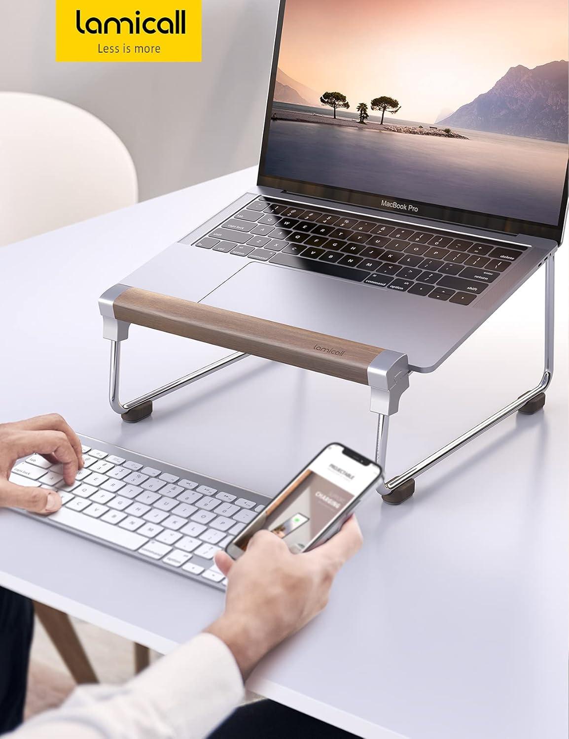 imageLamicall Laptop Stand Desk Walnut Wood Laptop Riser Portable Removable Aluminum Ventilated Ergonomic Computer Notebook Stand Holder Elevator for MacBook Air Pro Dell XPS HP 1016  SilverSliver