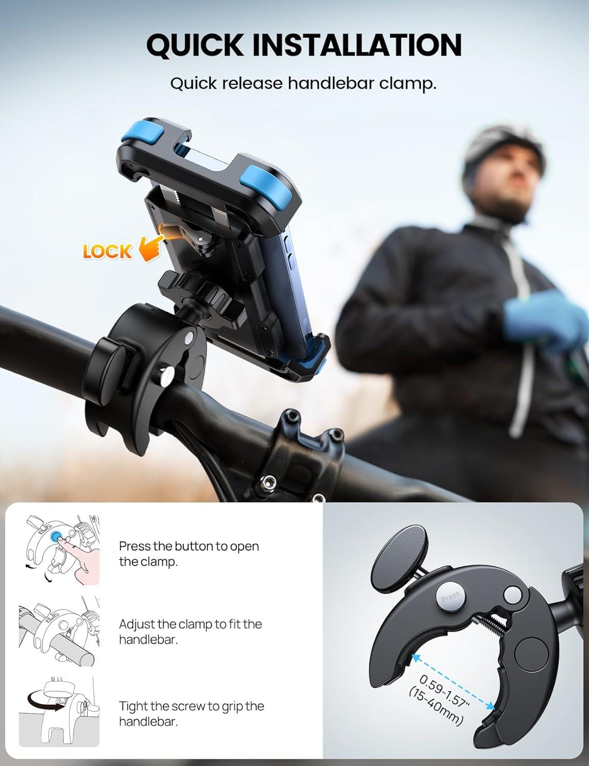 imageLamicall Motorcycle Phone Mount Bike Phone Holder  Metal Lock Upgrade Quick Install Handlebar Clip for Bicycle Scooter Cell Phone Clamp for iPhone 16 15 14 Pro Max Galaxy 4768quot PhonesBlue