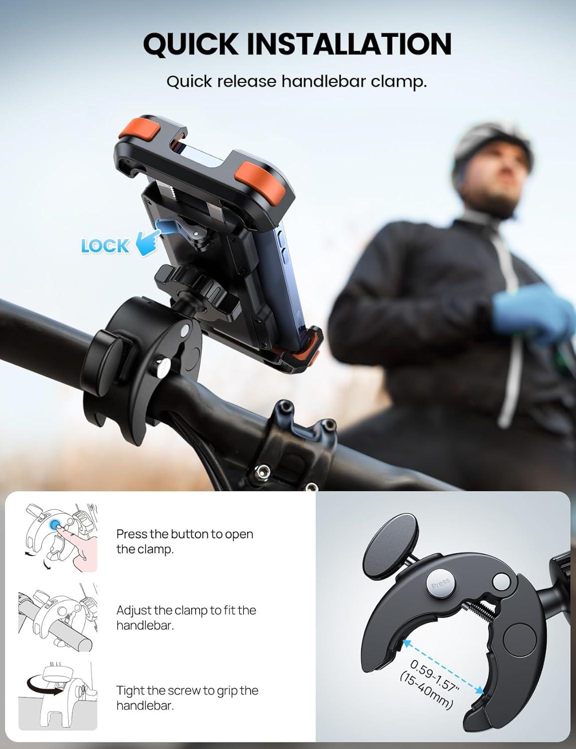 imageLamicall Motorcycle Phone Mount Bike Phone Holder  Metal Lock Upgrade Quick Install Handlebar Clip for Bicycle Scooter Cell Phone Clamp for iPhone 16 15 14 Pro Max Galaxy 4768quot PhonesOrange