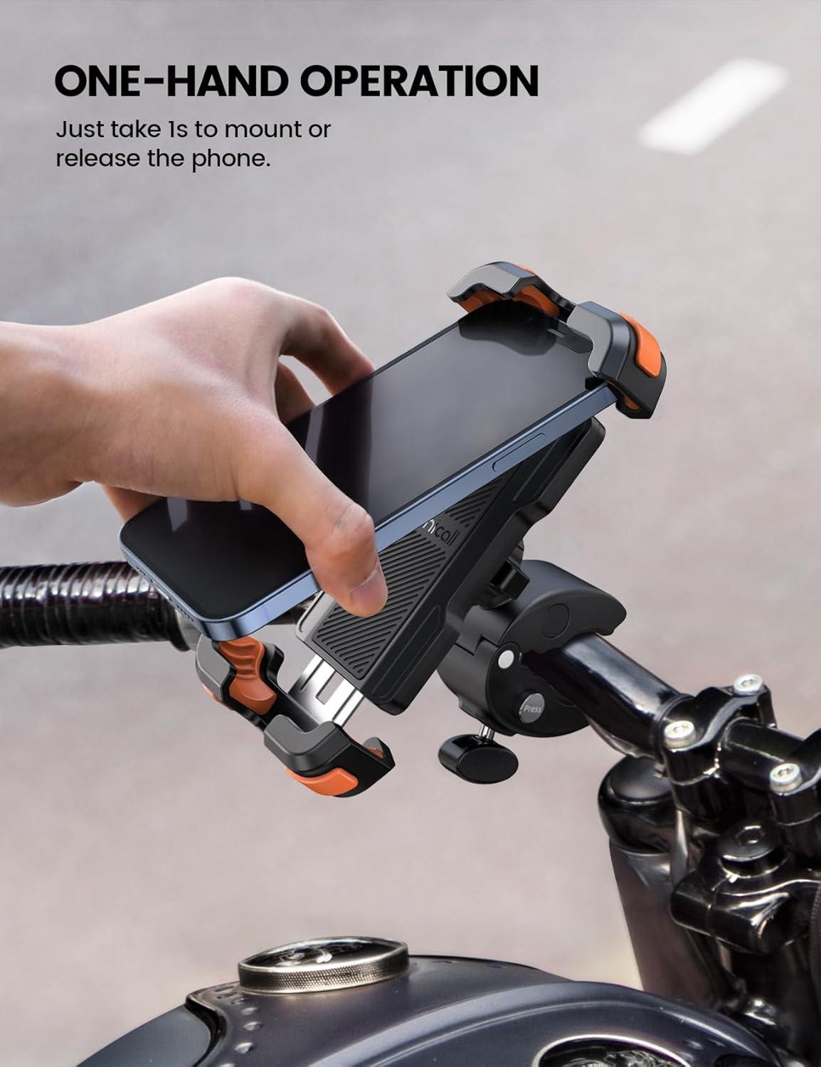 imageLamicall Motorcycle Phone Mount Bike Phone Holder  Metal Lock Upgrade Quick Install Handlebar Clip for Bicycle Scooter Cell Phone Clamp for iPhone 16 15 14 Pro Max Galaxy 4768quot PhonesOrange