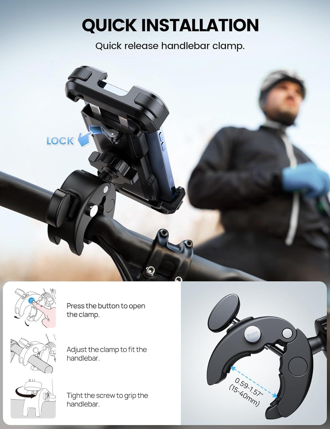 imageLamicall Motorcycle Phone Mount Bike Phone Holder  Metal Lock Upgrade Quick Install Handlebar Clip for Bicycle Scooter Cell Phone Clamp for iPhone 16 15 14 Pro Max Galaxy 4768quot PhonesBlack
