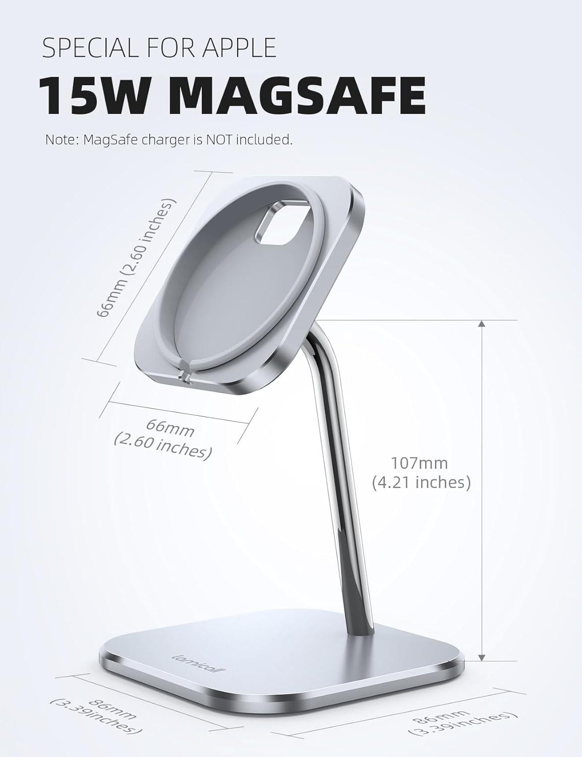 imageLamicall Phone Stand for Apple 15W MagSafe Charger  Charger Not Included 360 Rotation Adjustable Aluminum Charging Holder Dock for Desk Compatible with iPhone 16 15 14 13 12 Pro Pro Max Plusfor 15W Charger