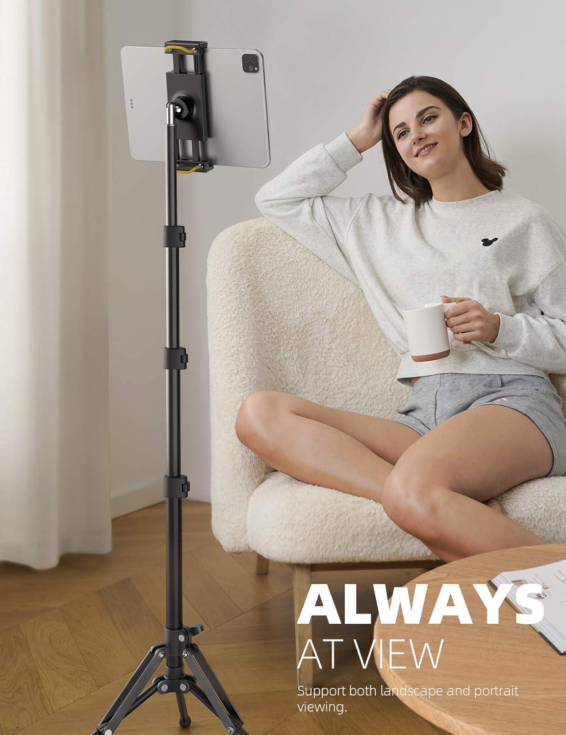imageLamicall Tablet Floor Tripod Stand  649quot Tablet Holder Mount with Adjustable Height for StreamWatching with Bluetooth Remote for iPad Pro 129 Mini Air iPhone and 4713quot Tablet and Cellphone