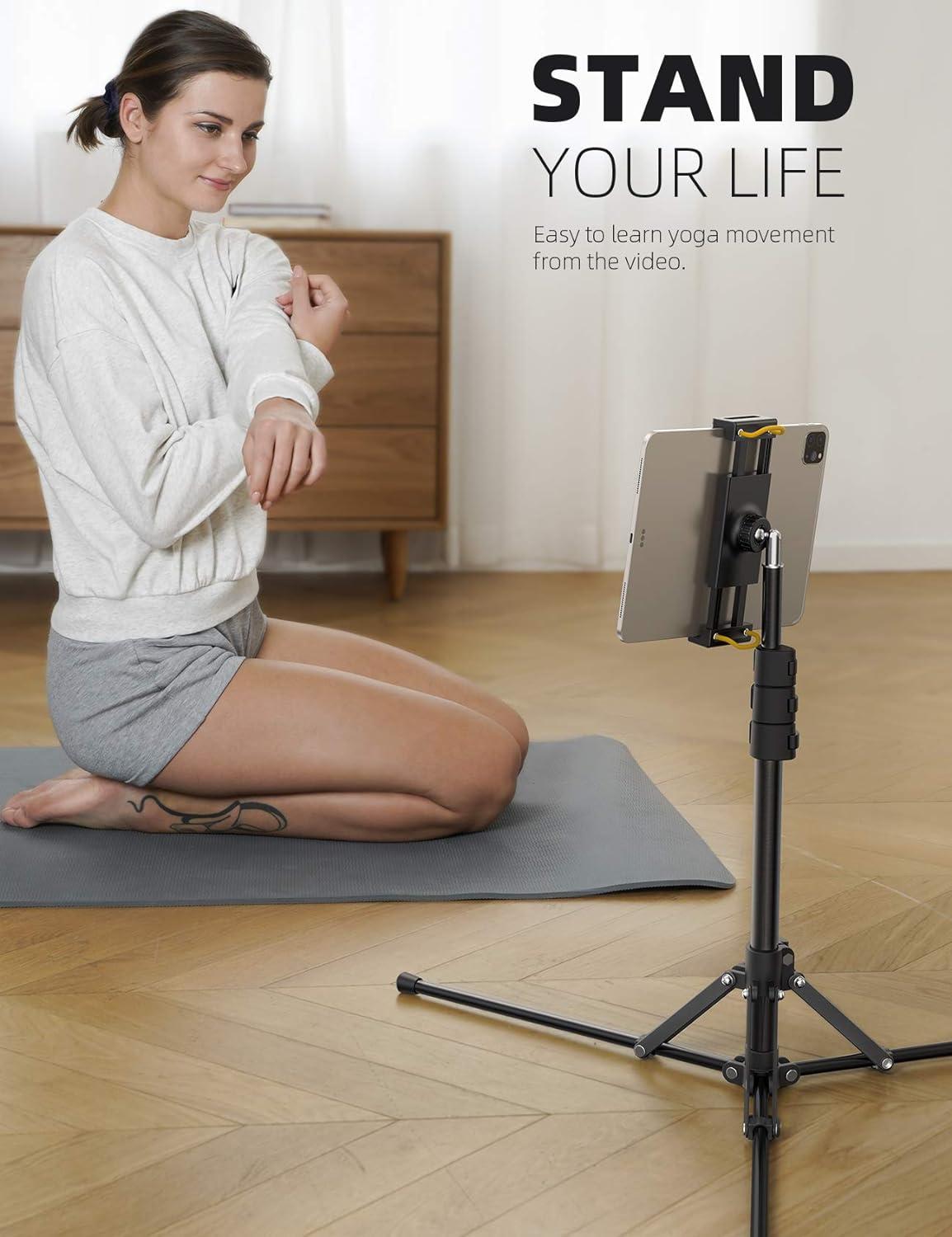 imageLamicall Tablet Floor Tripod Stand  649quot Tablet Holder Mount with Adjustable Height for StreamWatching with Bluetooth Remote for iPad Pro 129 Mini Air iPhone and 4713quot Tablet and Cellphone