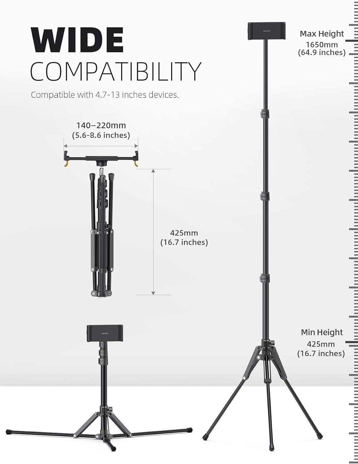 imageLamicall Tablet Floor Tripod Stand  649quot Tablet Holder Mount with Adjustable Height for StreamWatching with Bluetooth Remote for iPad Pro 129 Mini Air iPhone and 4713quot Tablet and Cellphone