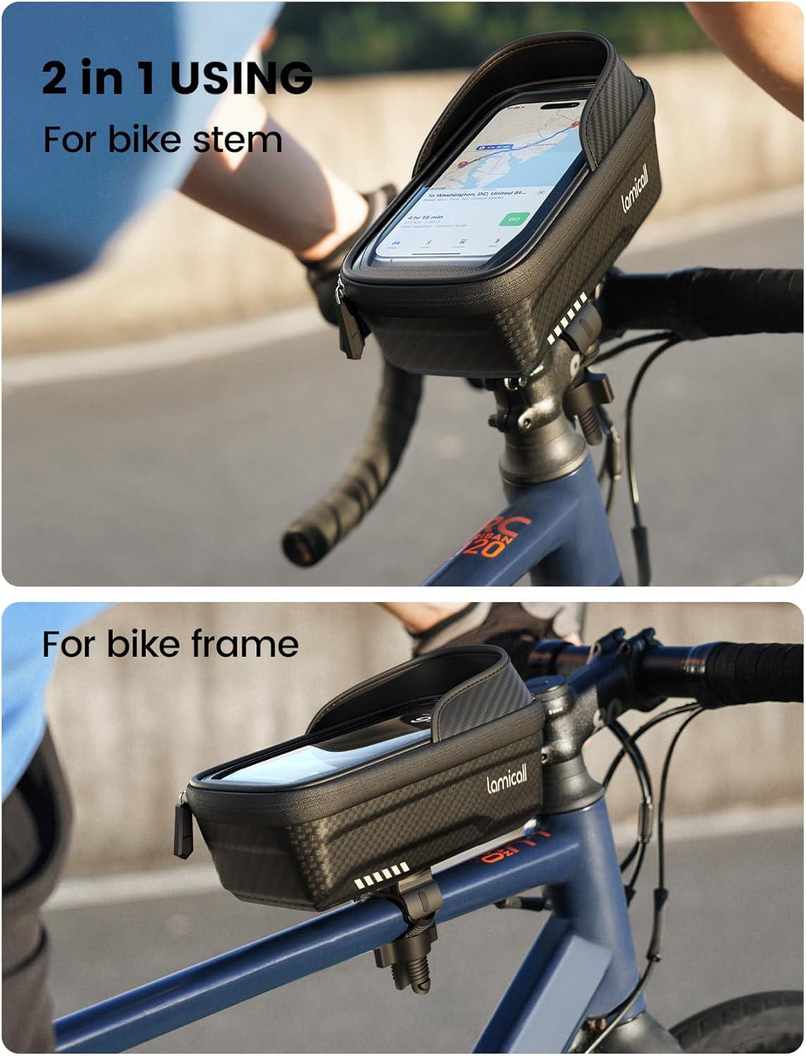 imageLamicall 2 Pack Bike Frame Bag Waterproof  1s Release 2 in 1 Bike Phone Bag Bike Phone Holder Mount Bicycle Top Tube Bag Cycling Pouch with Rain Cover Bike Accessories for Phones Under 7quotMedium