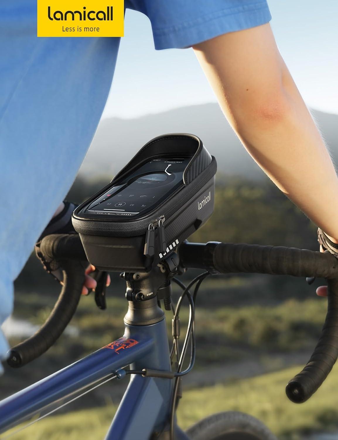 imageLamicall 2 Pack Bike Frame Bag Waterproof  1s Release 2 in 1 Bike Phone Bag Bike Phone Holder Mount Bicycle Top Tube Bag Cycling Pouch with Rain Cover Bike Accessories for Phones Under 7quotMedium