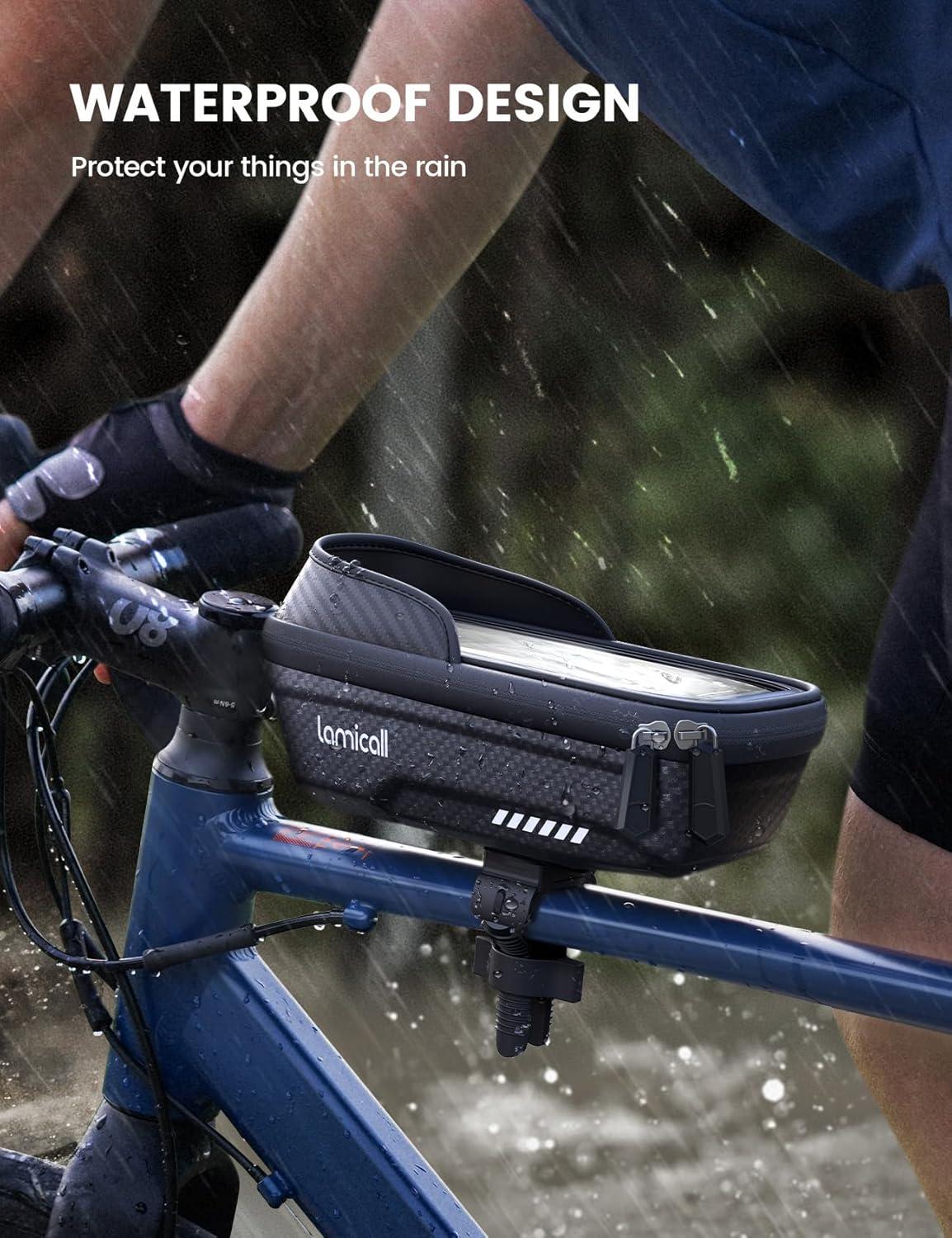 imageLamicall 2 Pack Bike Frame Bag Waterproof  1s Release 2 in 1 Bike Phone Bag Bike Phone Holder Mount Bicycle Top Tube Bag Cycling Pouch with Rain Cover Bike Accessories for Phones Under 7quotMedium2 Pack